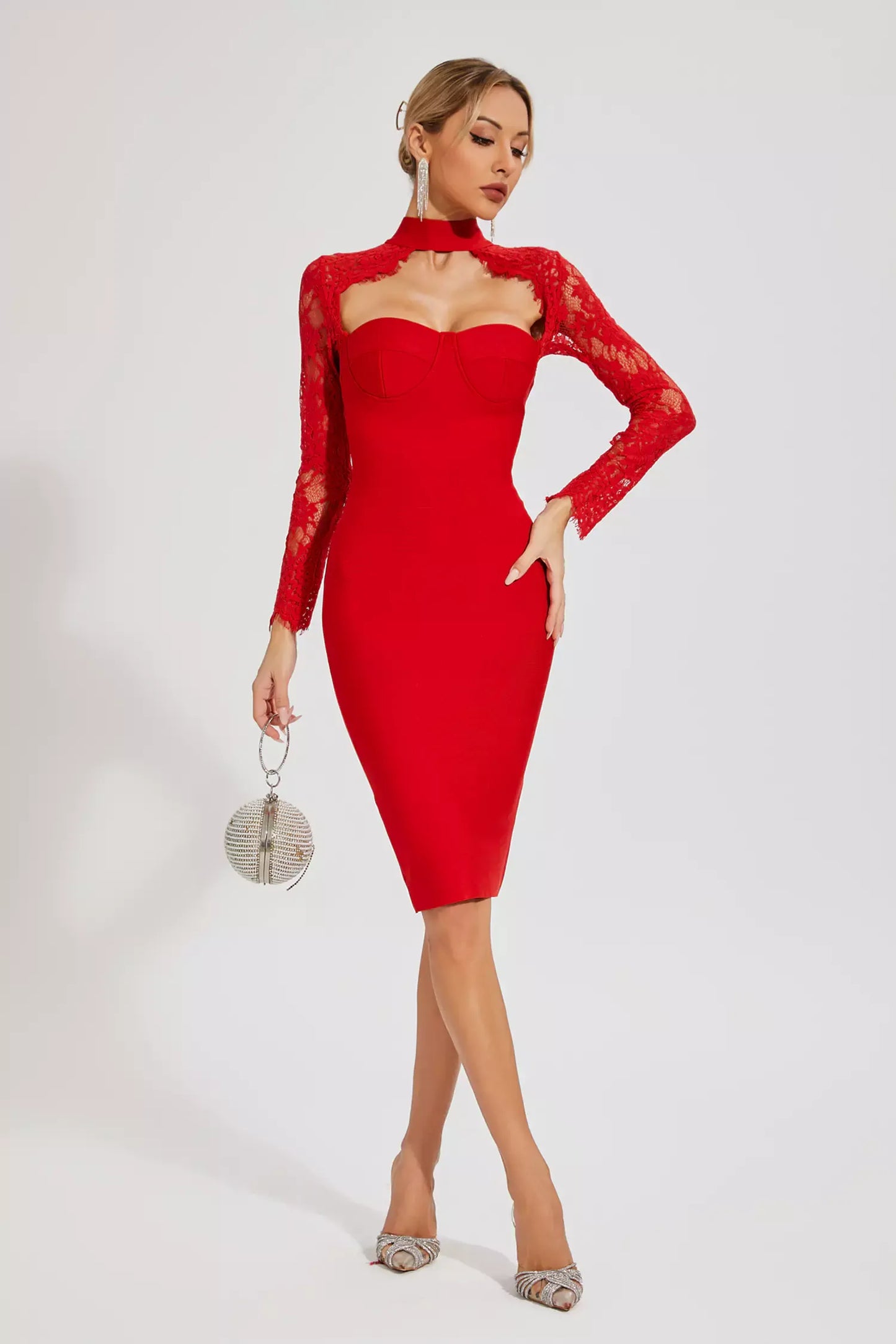 Liv Red Lace Sleeve Bandage Midi Dress