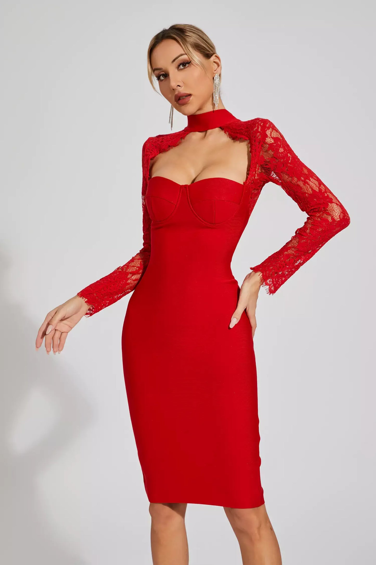 Liv Red Lace Sleeve Bandage Midi Dress