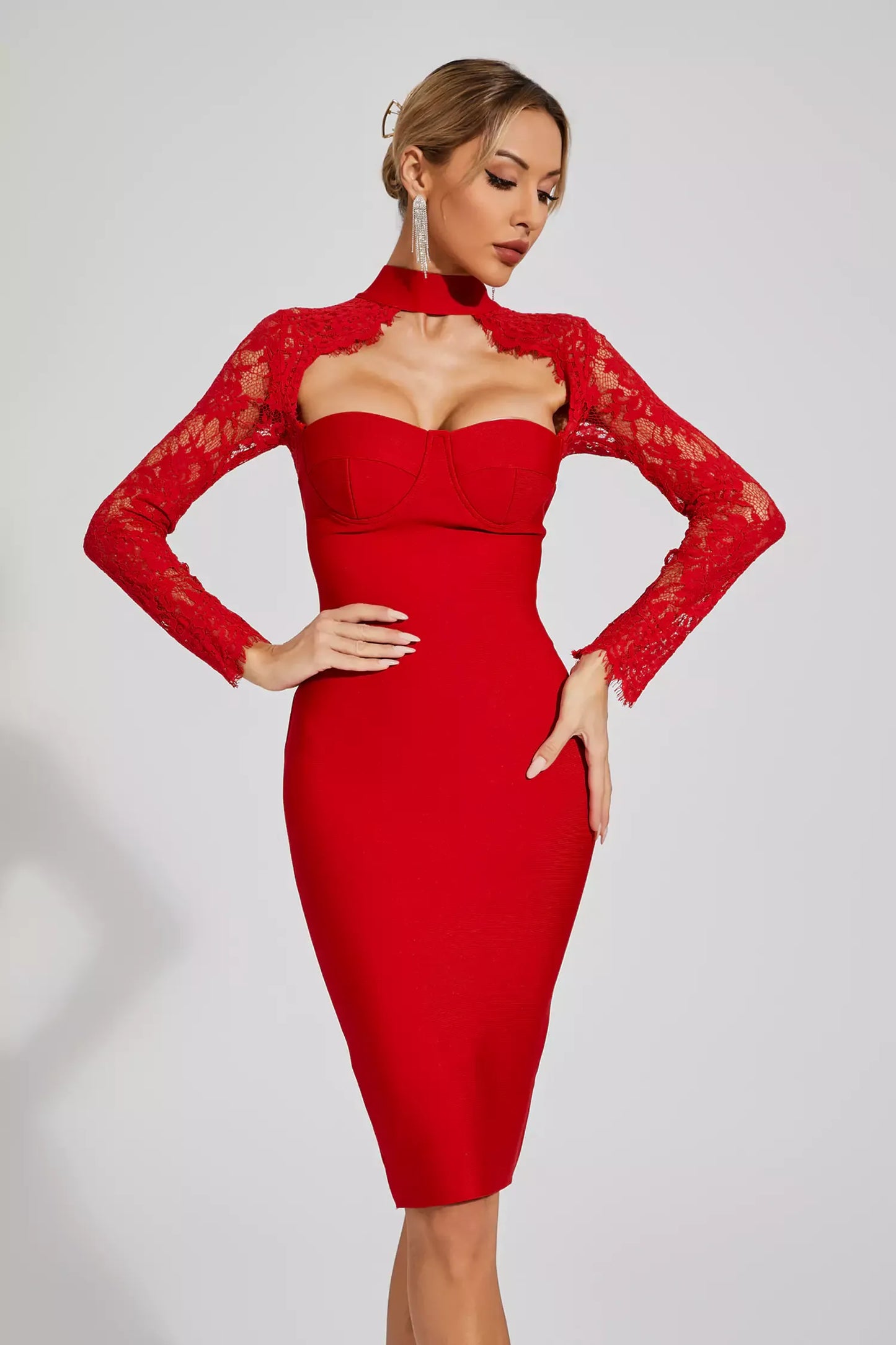 Liv Red Lace Sleeve Bandage Midi Dress