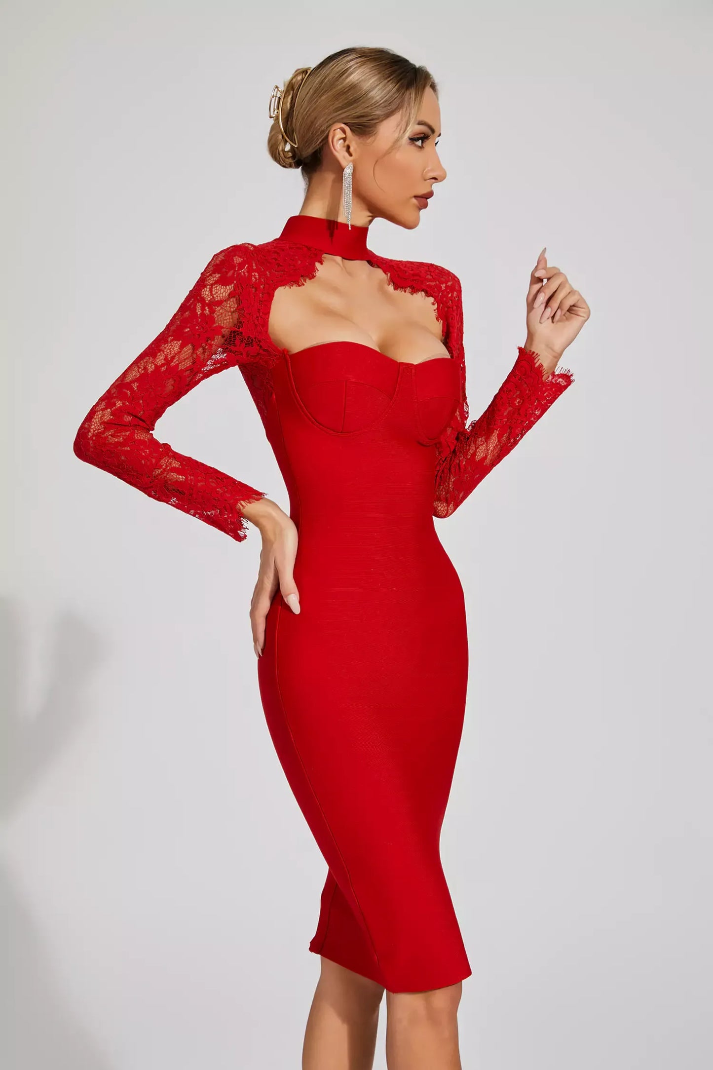 Liv Red Lace Sleeve Bandage Midi Dress