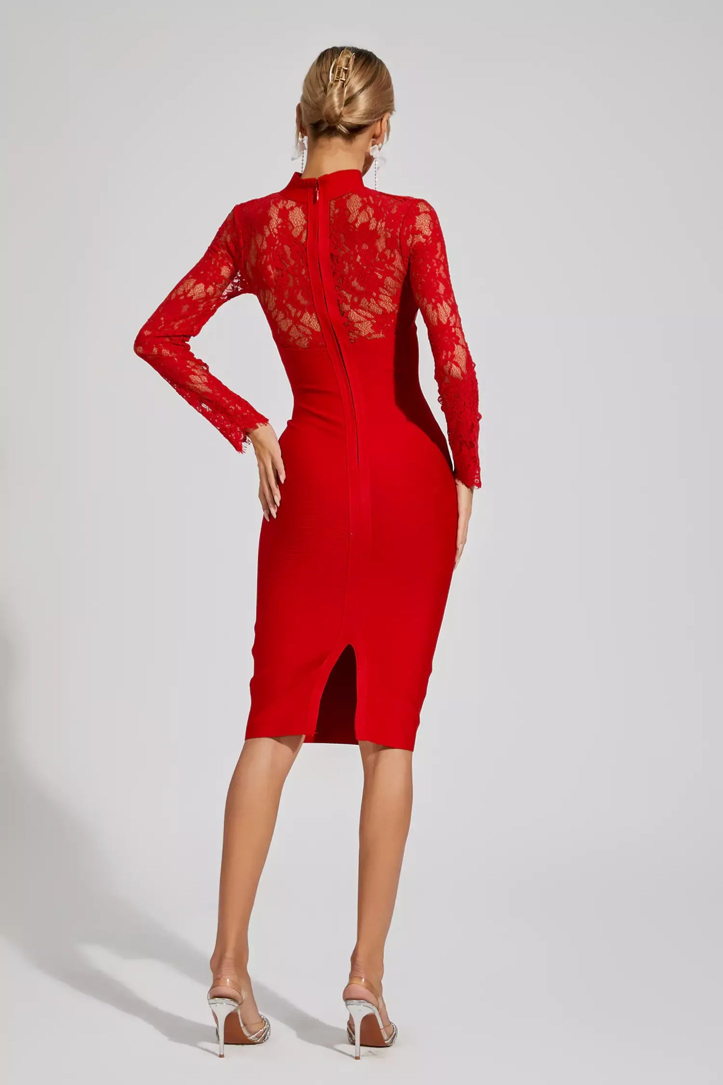 Liv Red Lace Sleeve Bandage Midi Dress