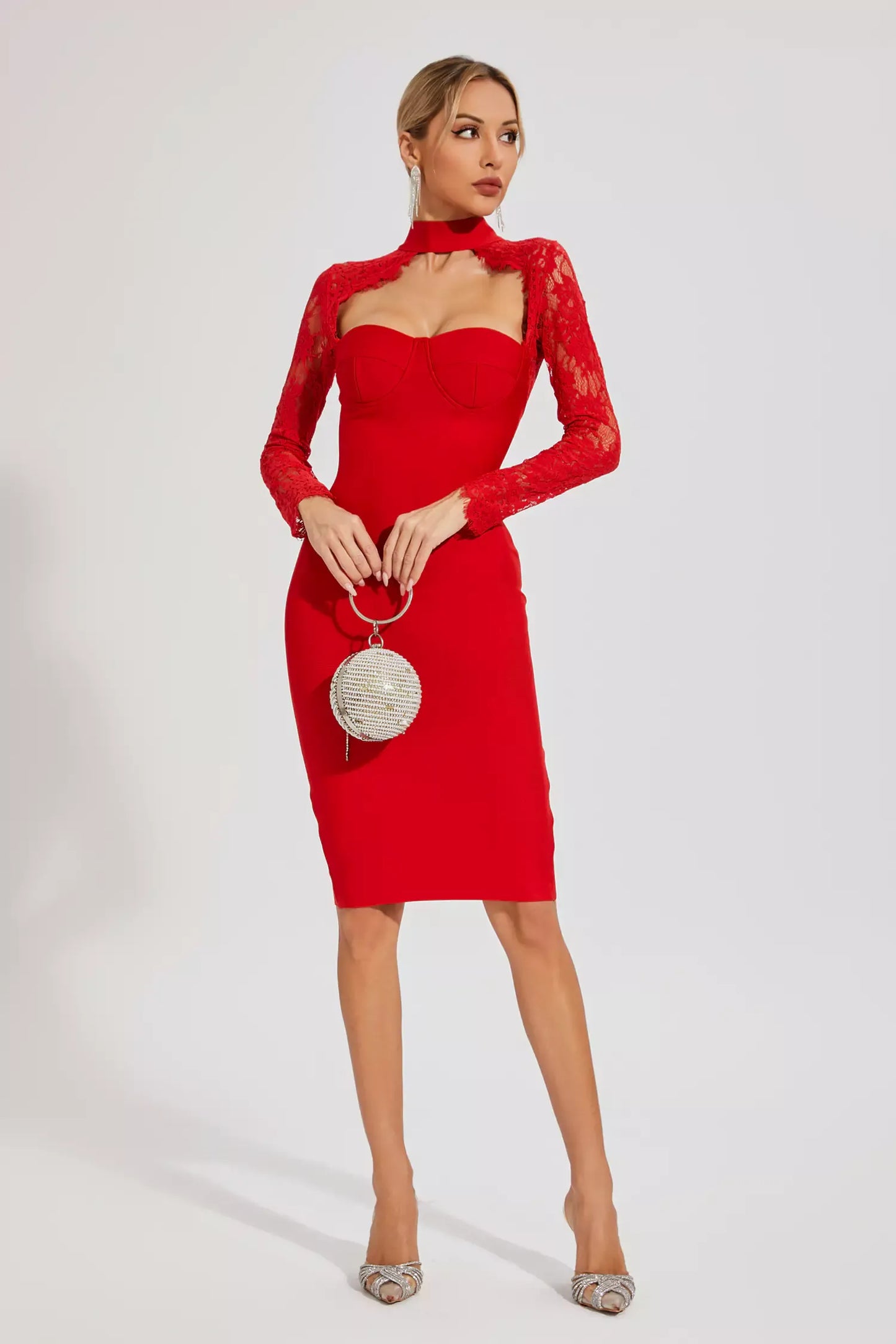 Liv Red Lace Sleeve Bandage Midi Dress