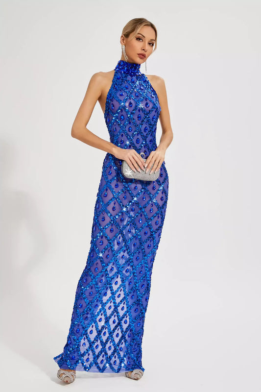 Louise Blue Diamond Maxi Dress(No lining)