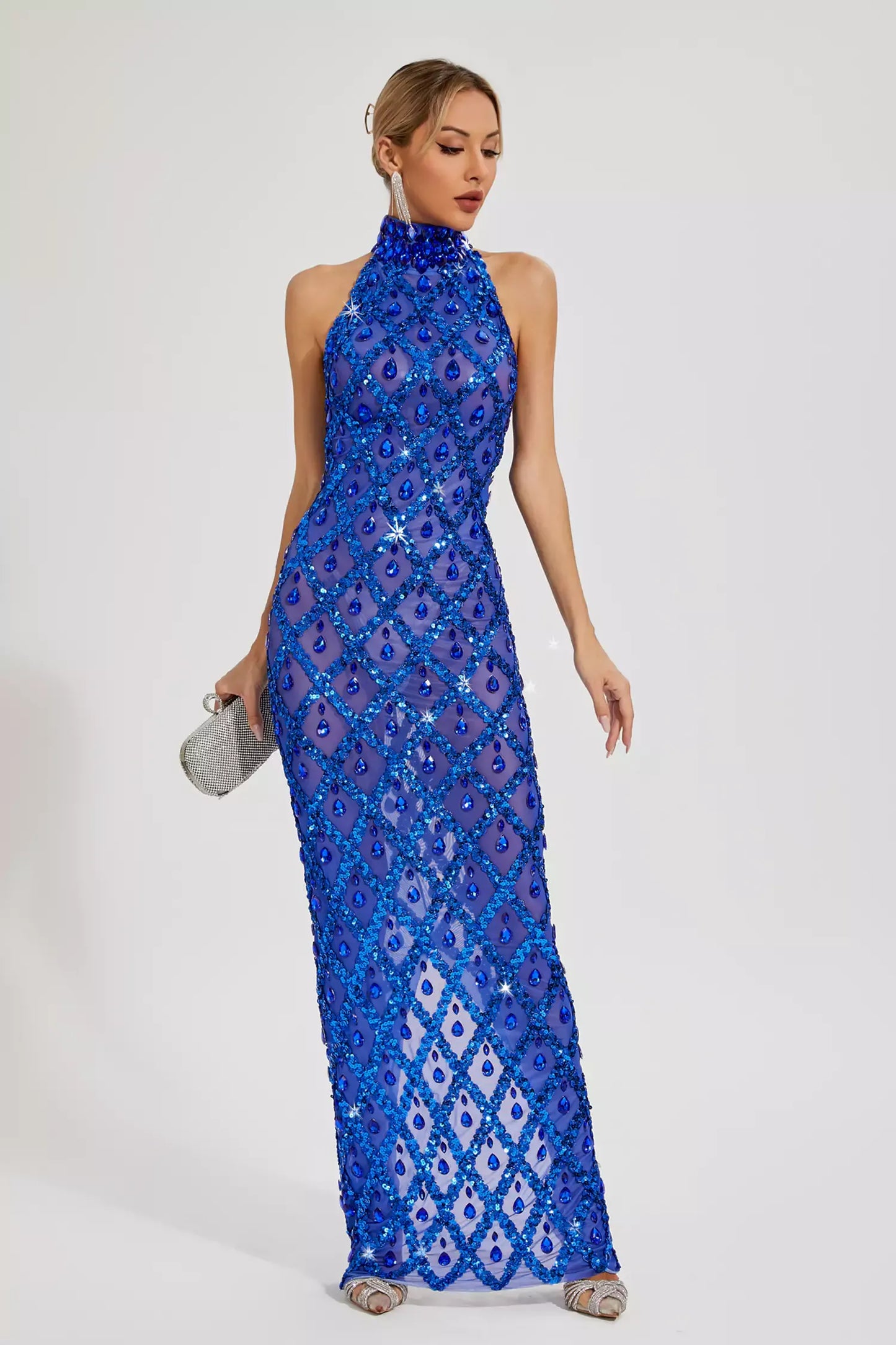 Louise Blue Diamond Maxi Dress(No lining)