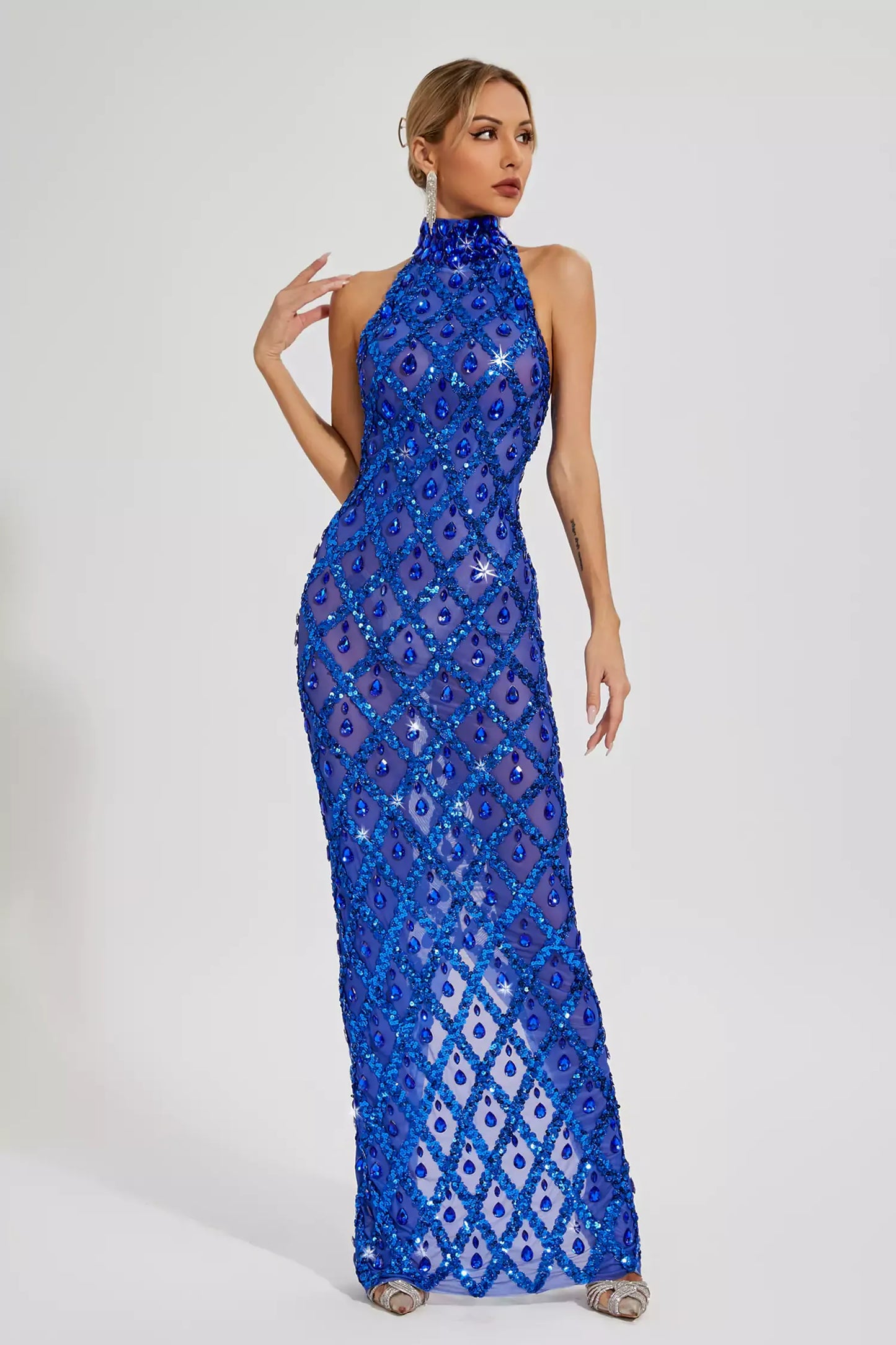 Louise Blue Diamond Maxi Dress(No lining)