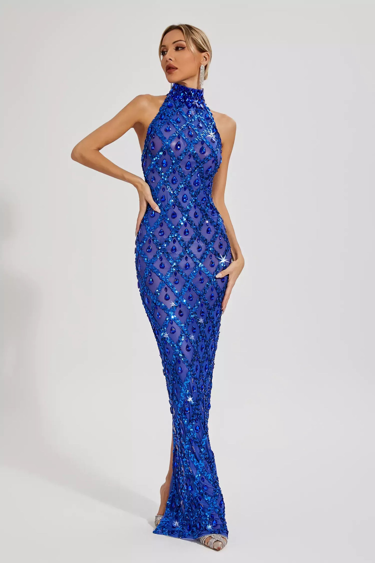 Louise Blue Diamond Maxi Dress(No lining)