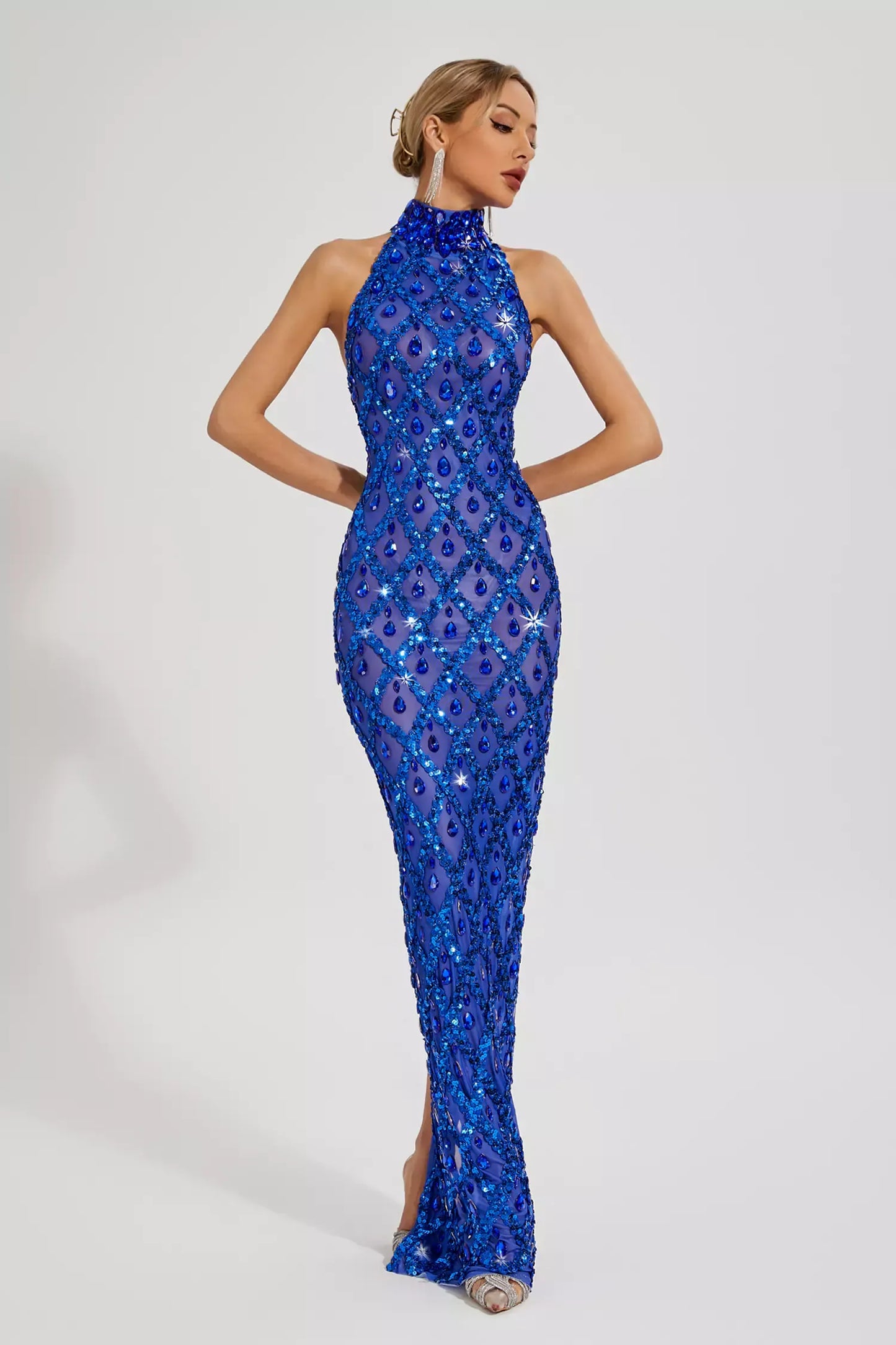 Louise Blue Diamond Maxi Dress(No lining)