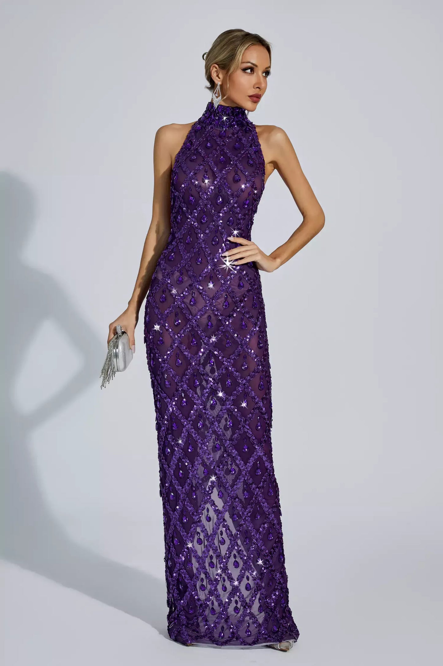 Louise Purple Diamond Maxi Dress(No Lining)