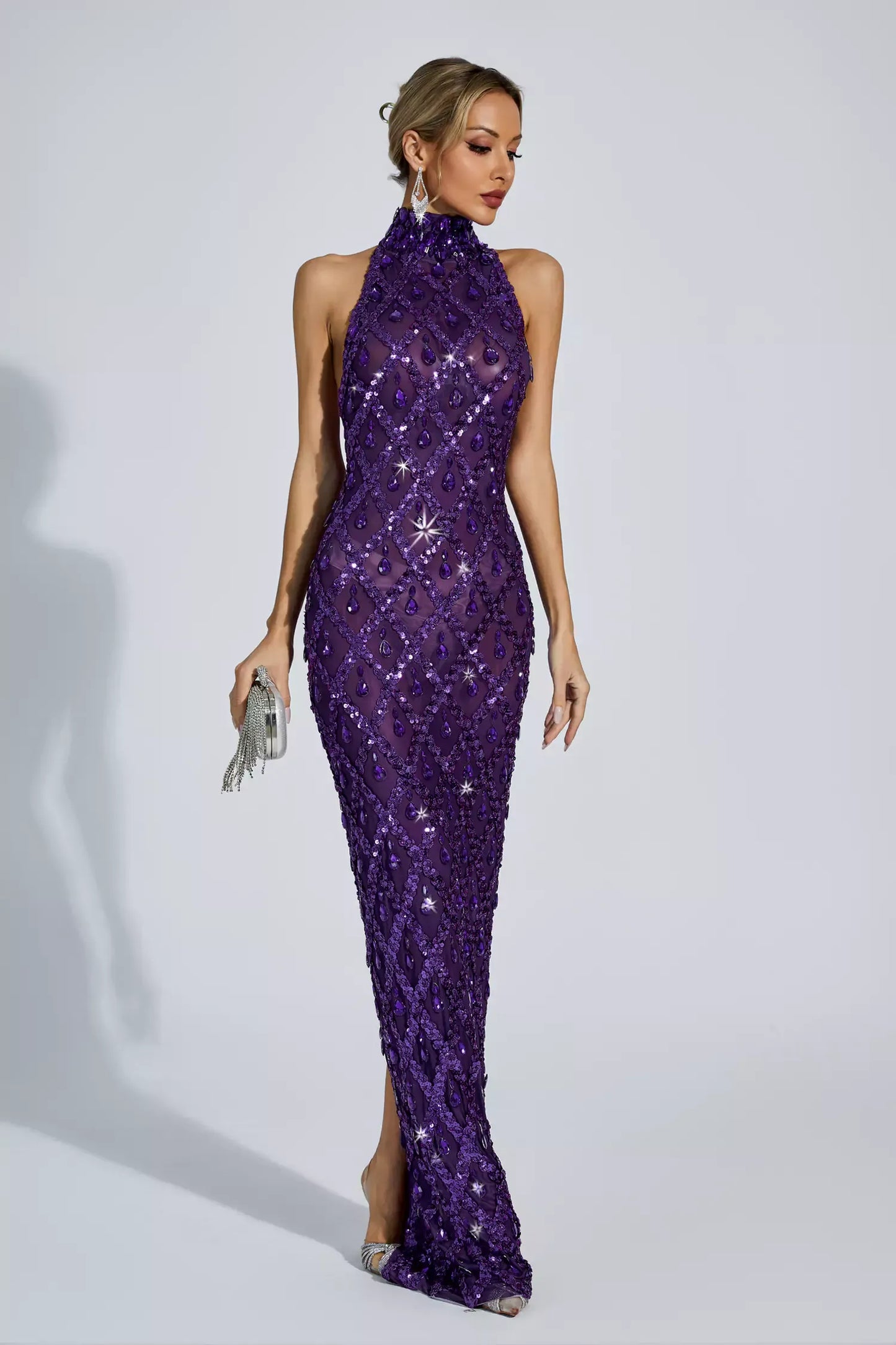 Louise Purple Diamond Maxi Dress(No Lining)