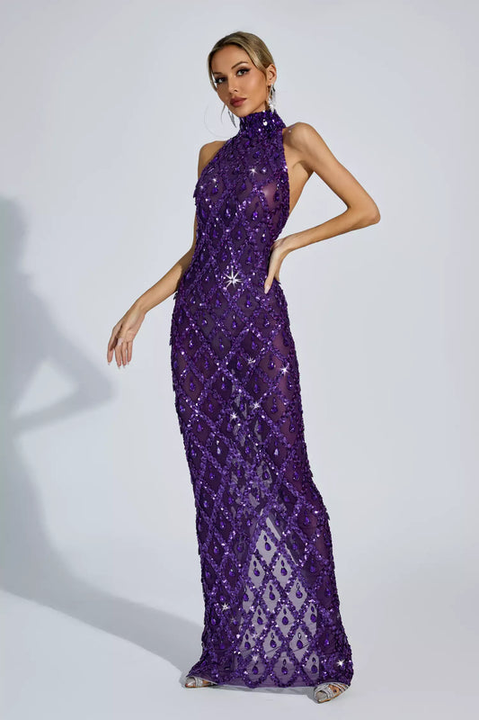 Louise Purple Diamond Maxi Dress(No Lining)