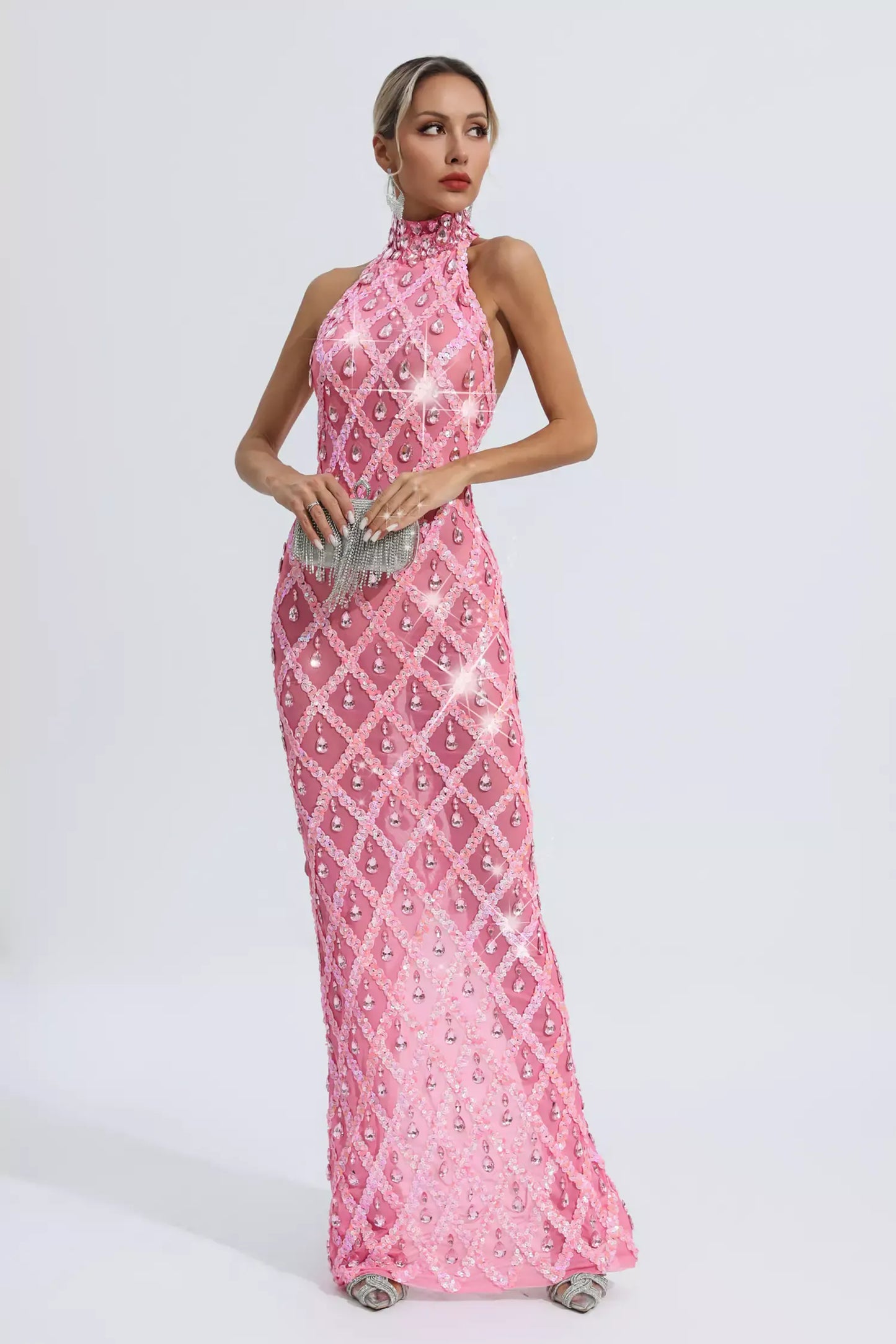 Louise Pink Diamond Maxi Dress (No lining)