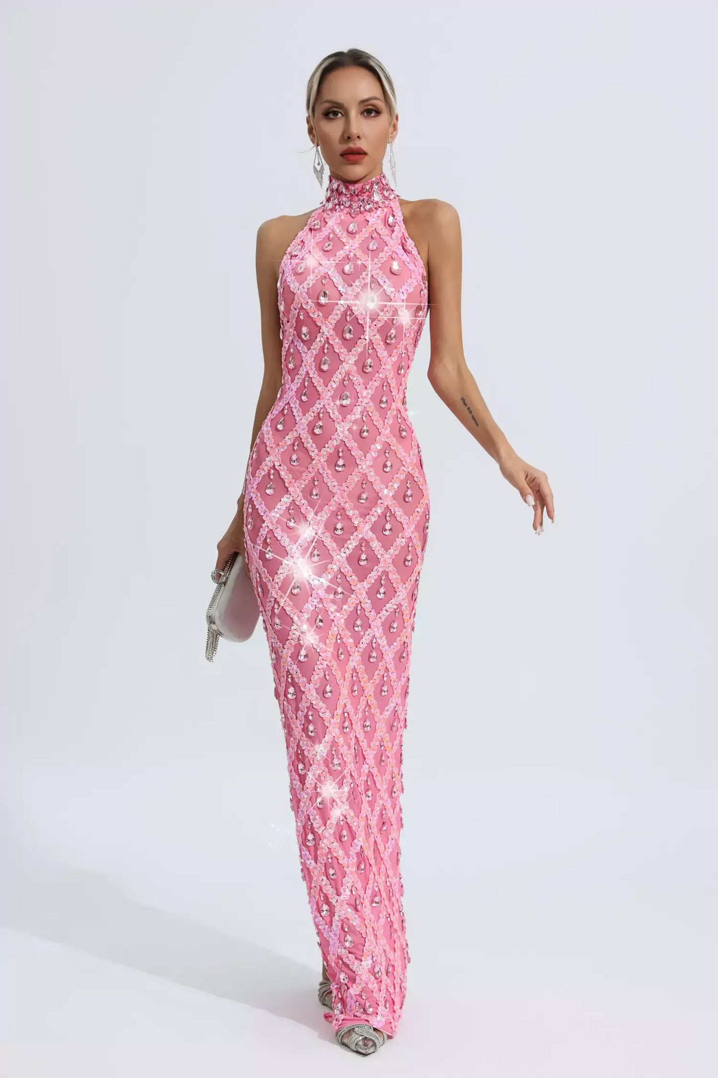 Louise Pink Diamond Maxi Dress (No lining)