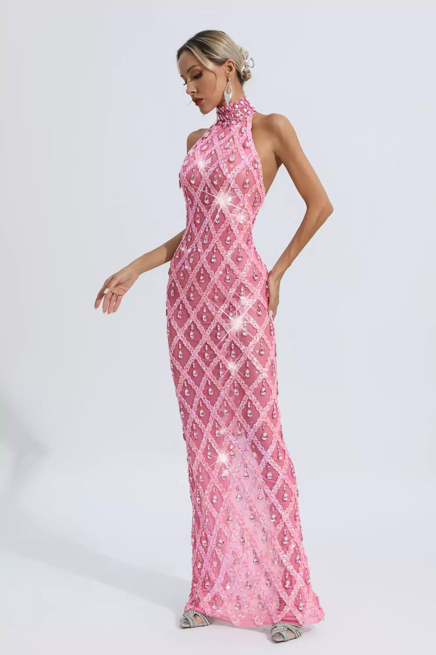 Louise Pink Diamond Maxi Dress (No lining)