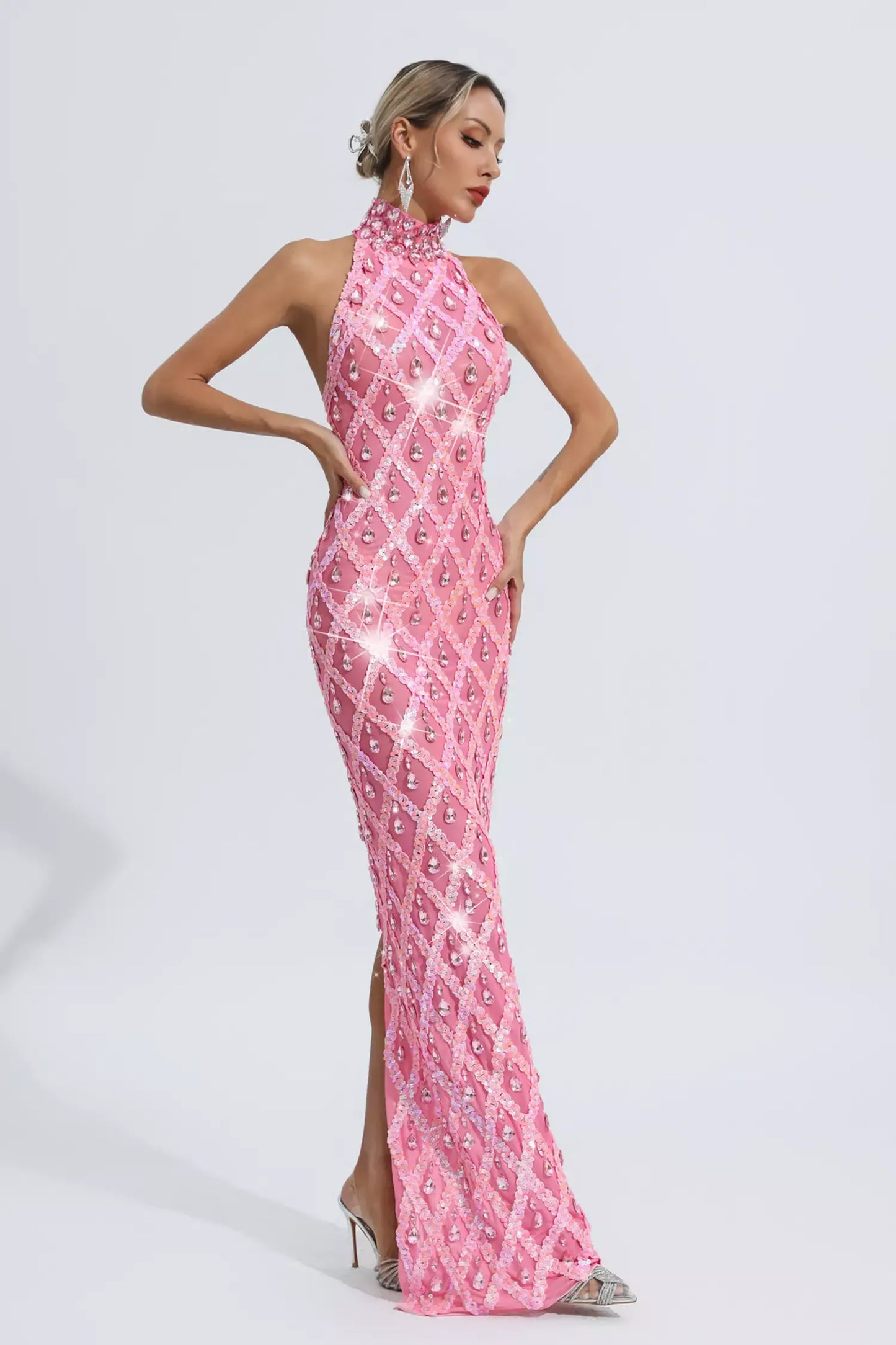 Louise Pink Diamond Maxi Dress (No lining)