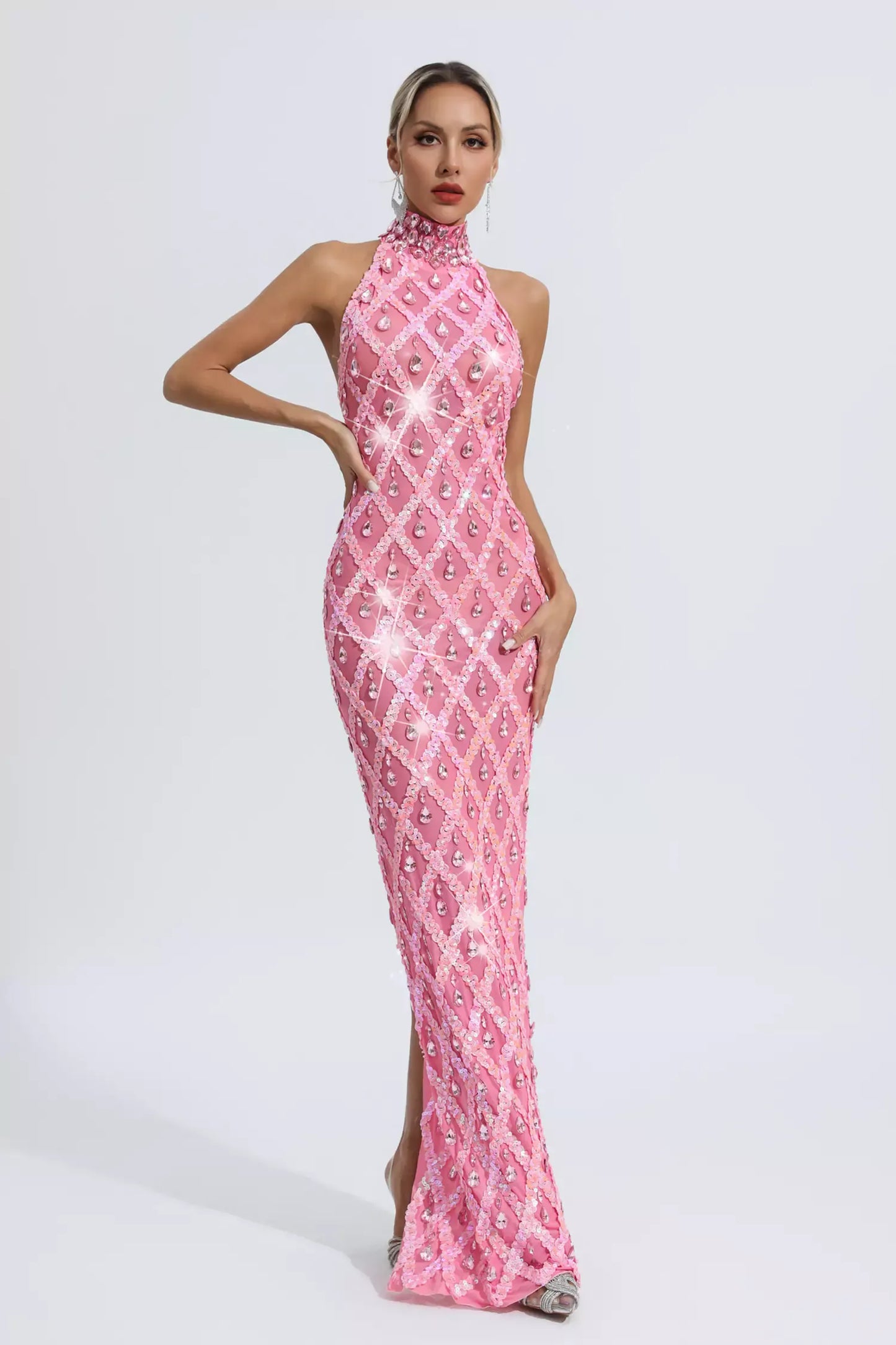 Louise Pink Diamond Maxi Dress (No lining)