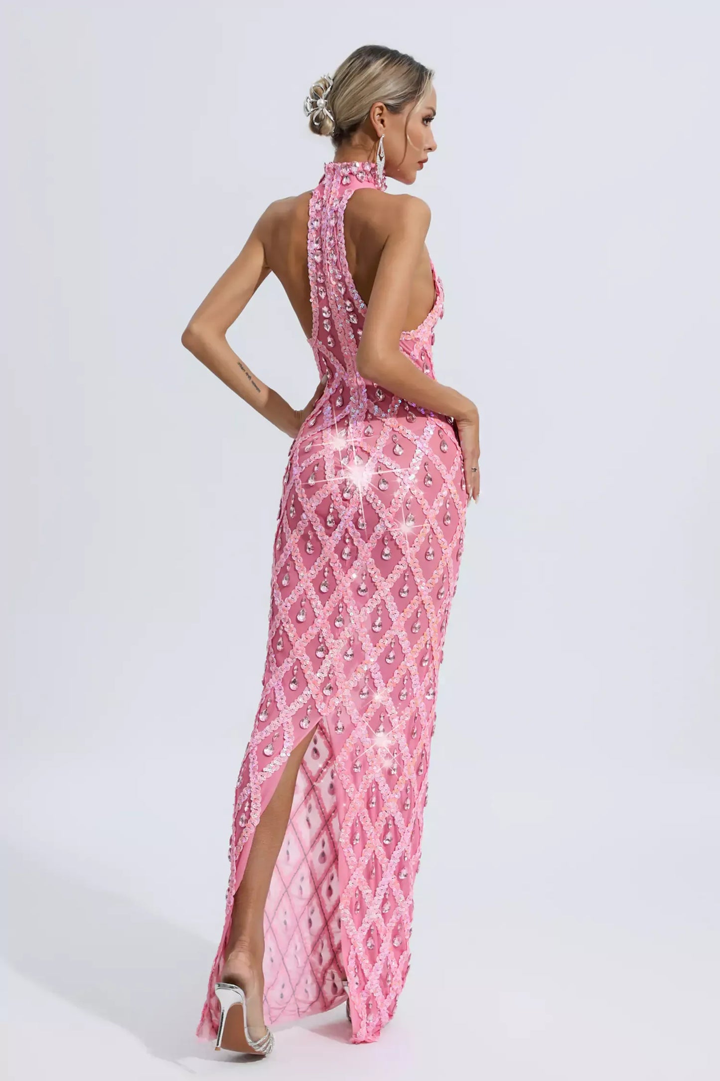 Louise Pink Diamond Maxi Dress (No lining)