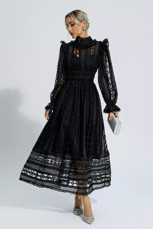 Mariam Black Hollow Lace Long Sleeve Maxi Dress