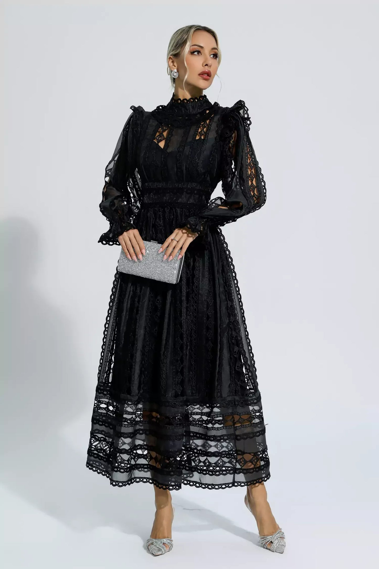 Mariam Black Hollow Lace Long Sleeve Maxi Dress