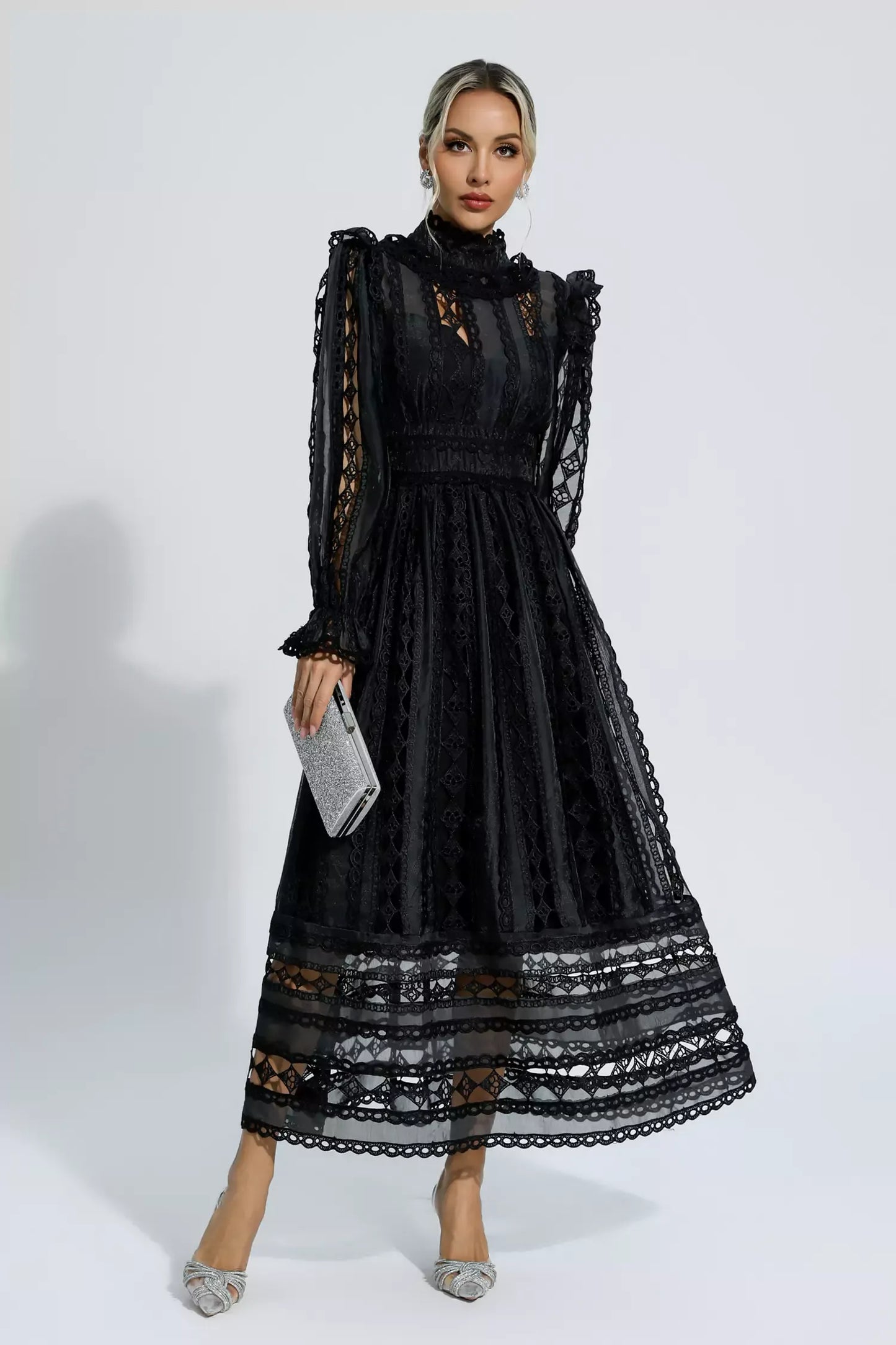 Mariam Black Hollow Lace Long Sleeve Maxi Dress