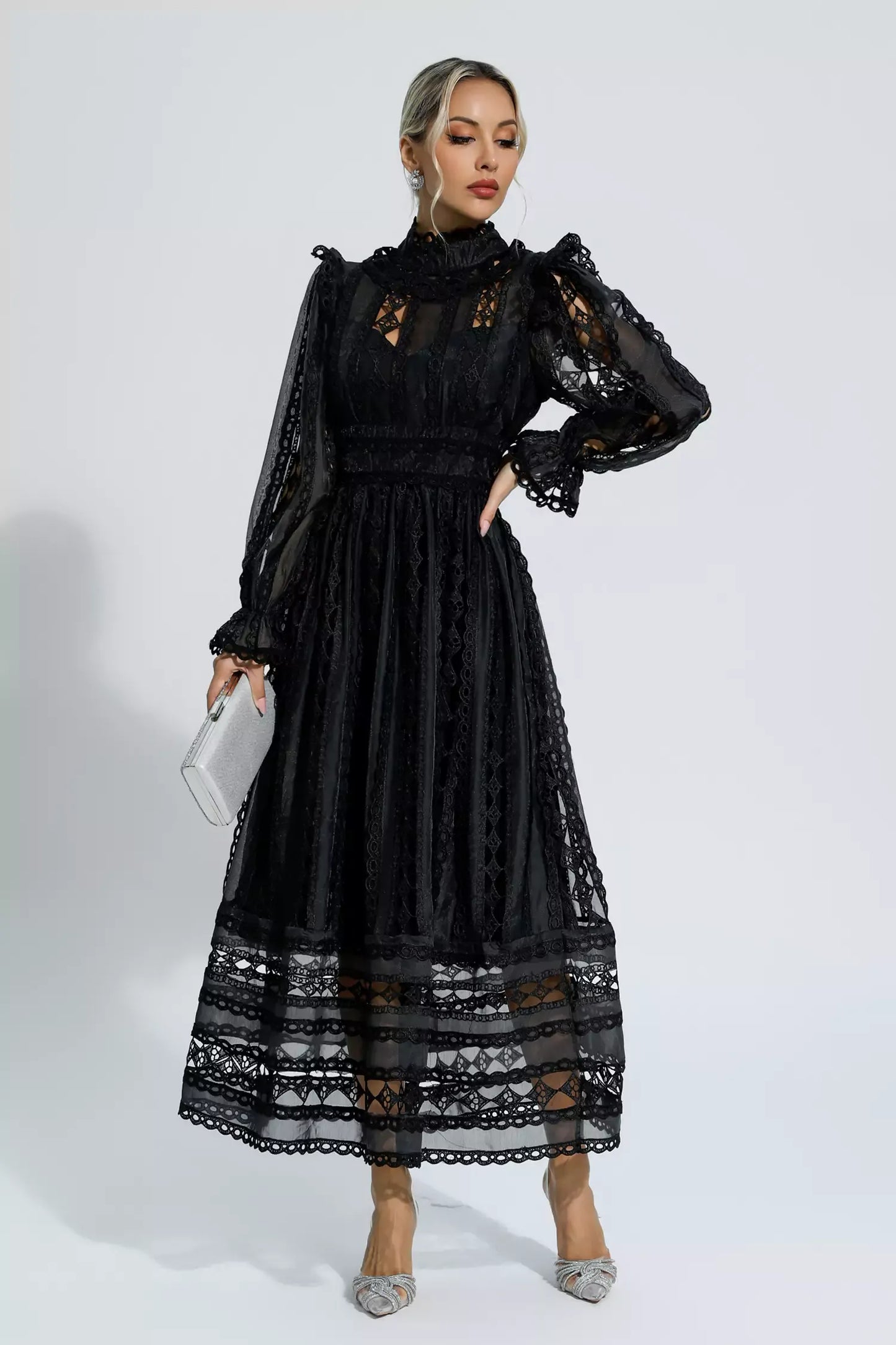 Mariam Black Hollow Lace Long Sleeve Maxi Dress