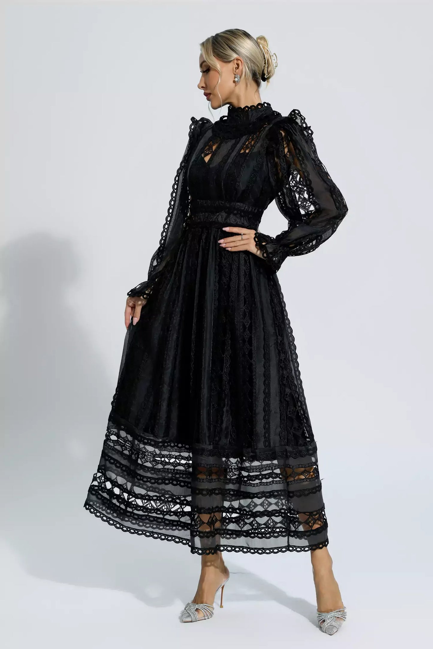 Mariam Black Hollow Lace Long Sleeve Maxi Dress