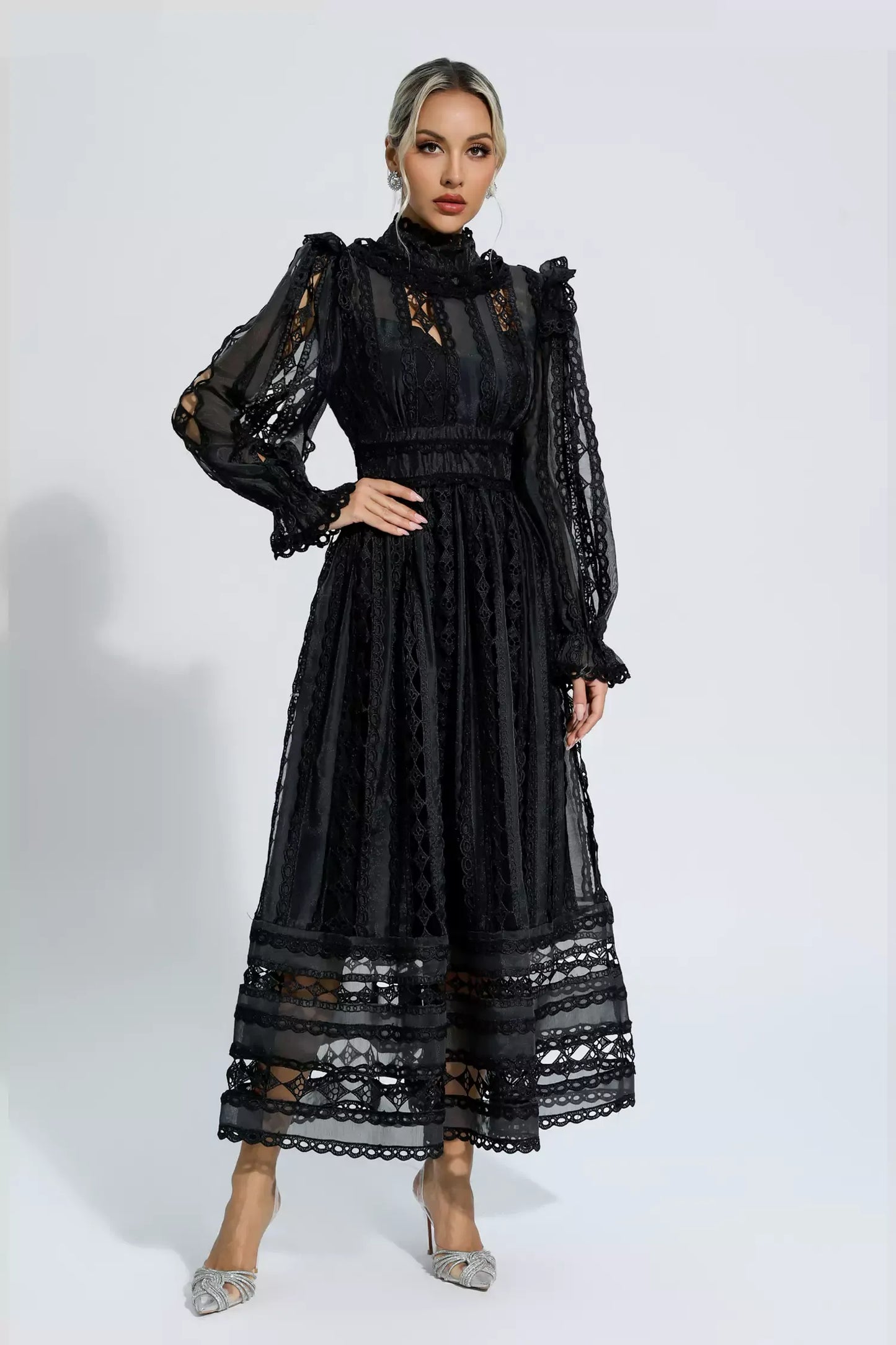 Mariam Black Hollow Lace Long Sleeve Maxi Dress