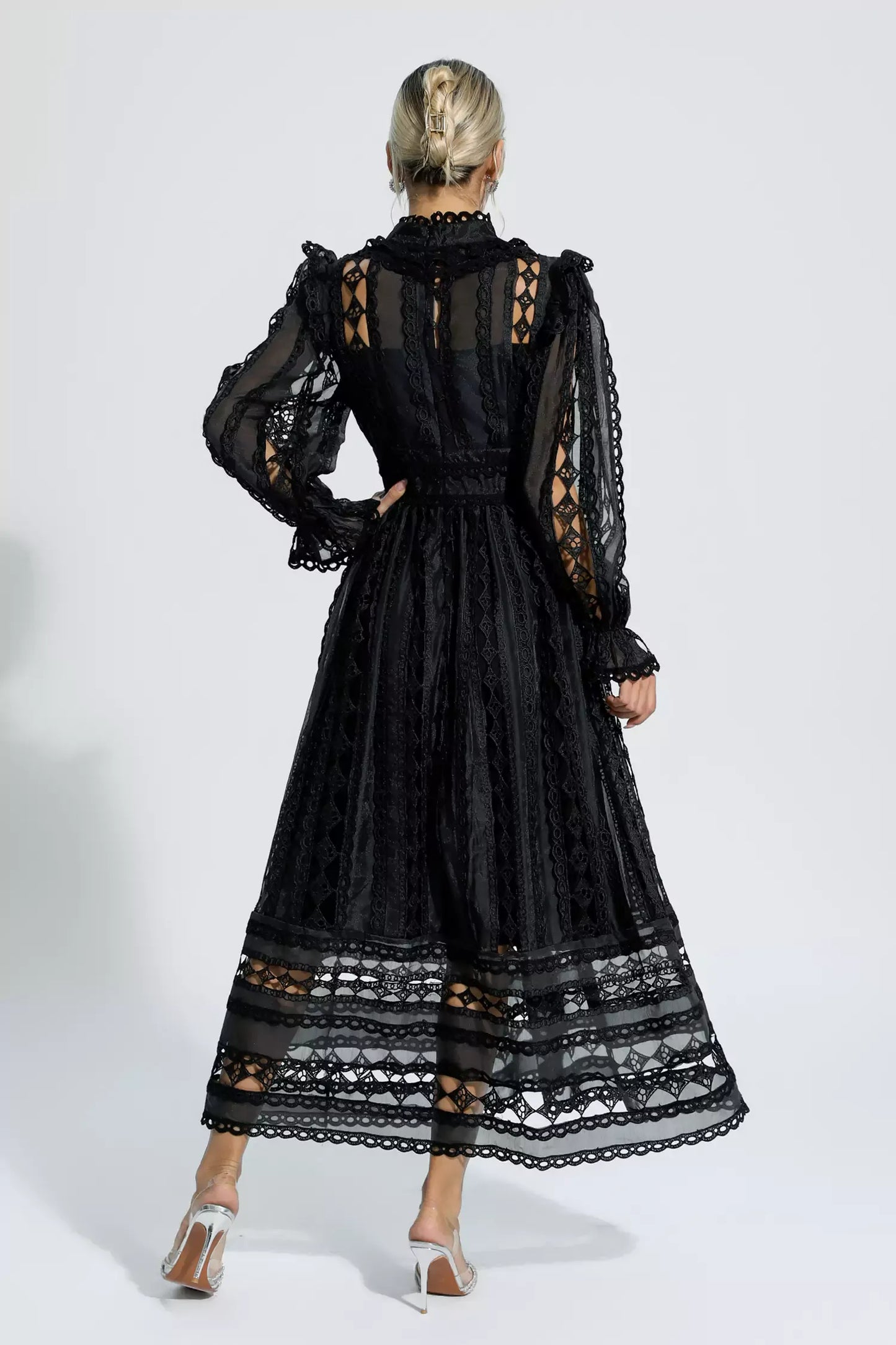 Mariam Black Hollow Lace Long Sleeve Maxi Dress