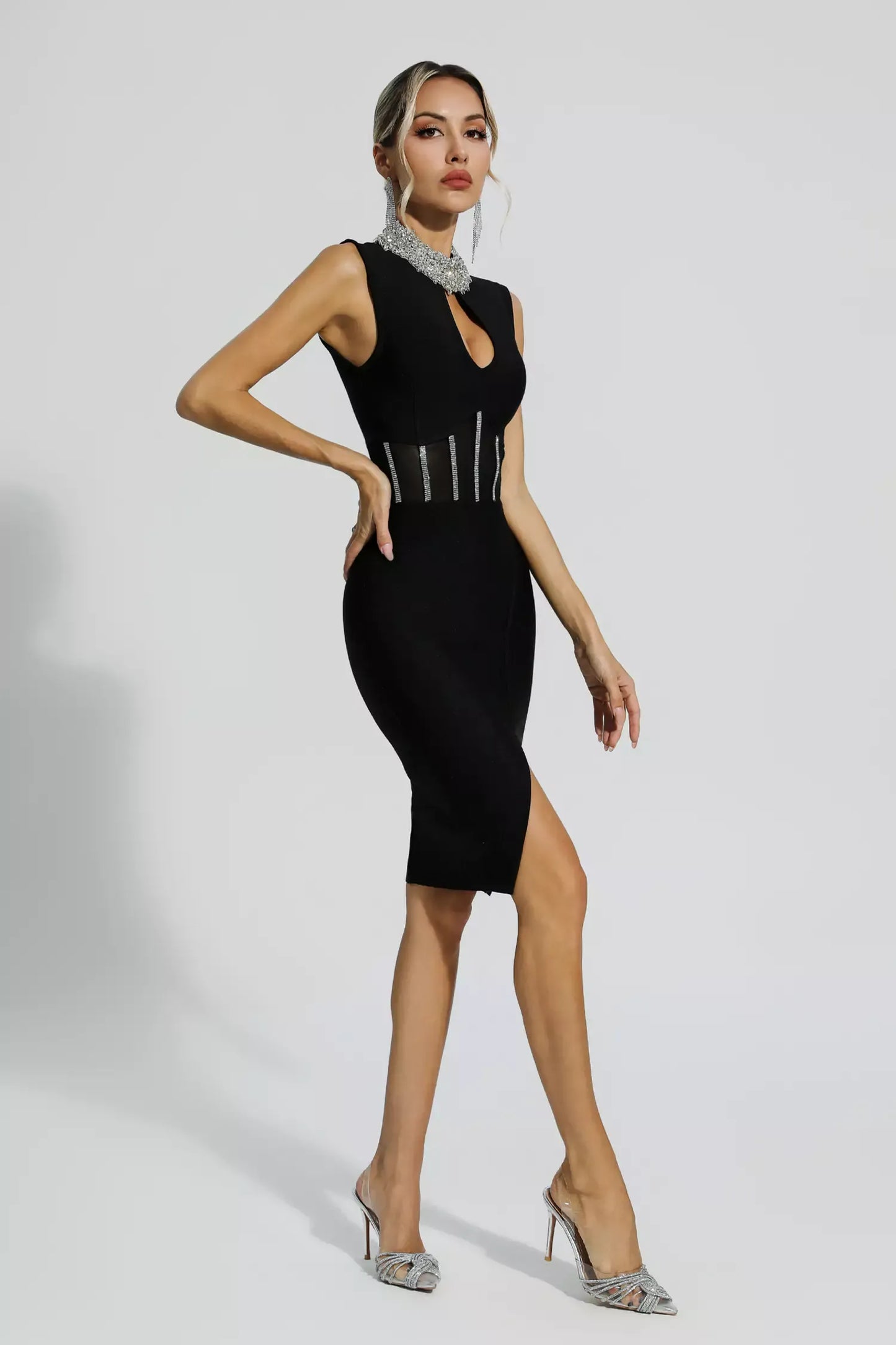 Marleigh Black Diamond Embellished Bandage Midi Dress