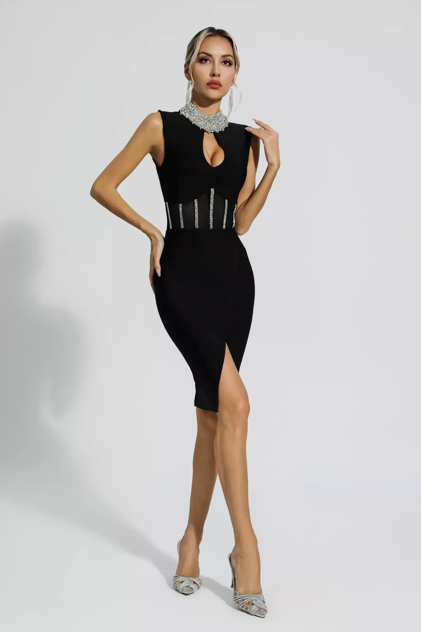 Marleigh Black Diamond Embellished Bandage Midi Dress