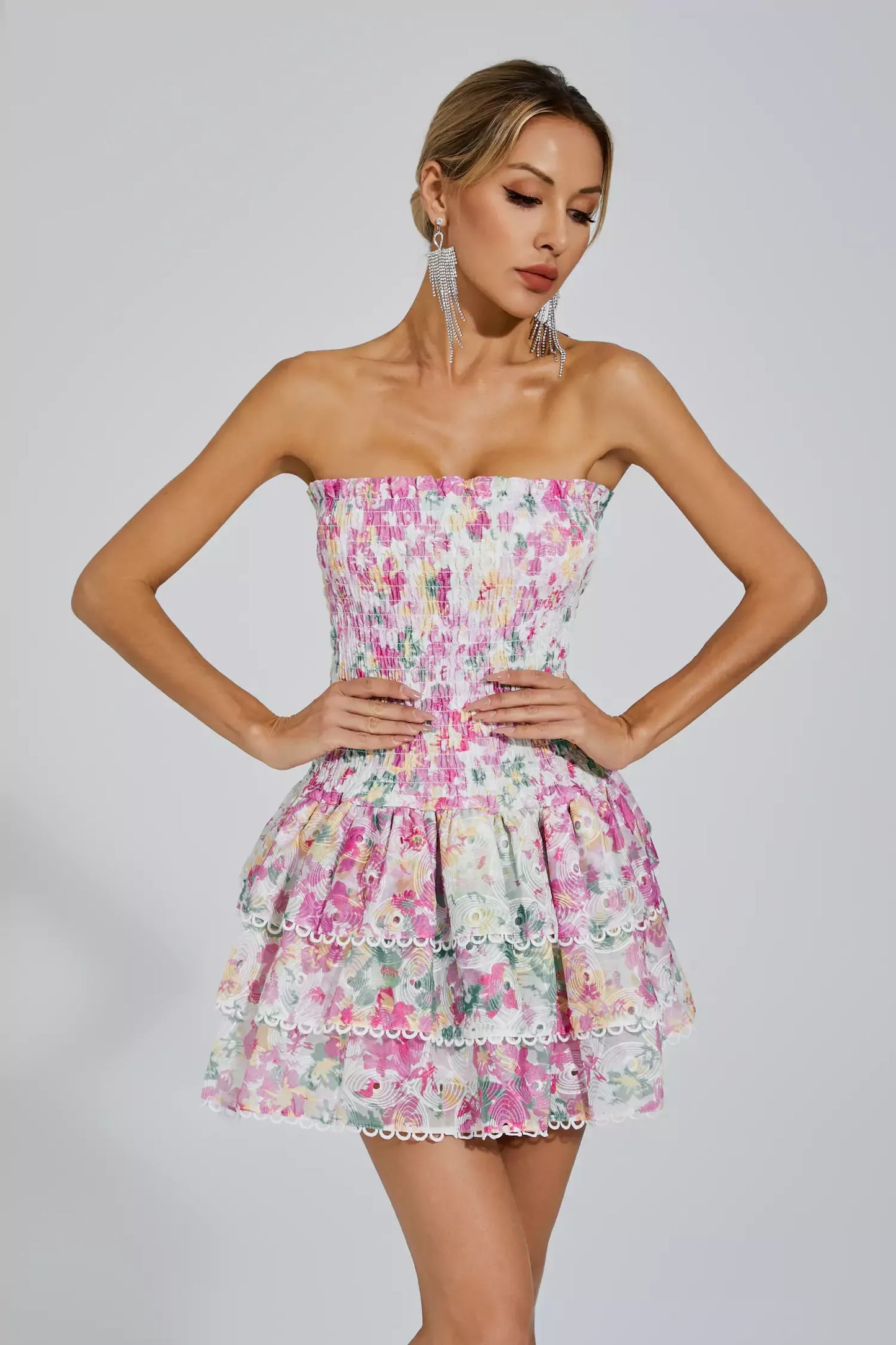 Mercy White Floral Ruched Mini Dress