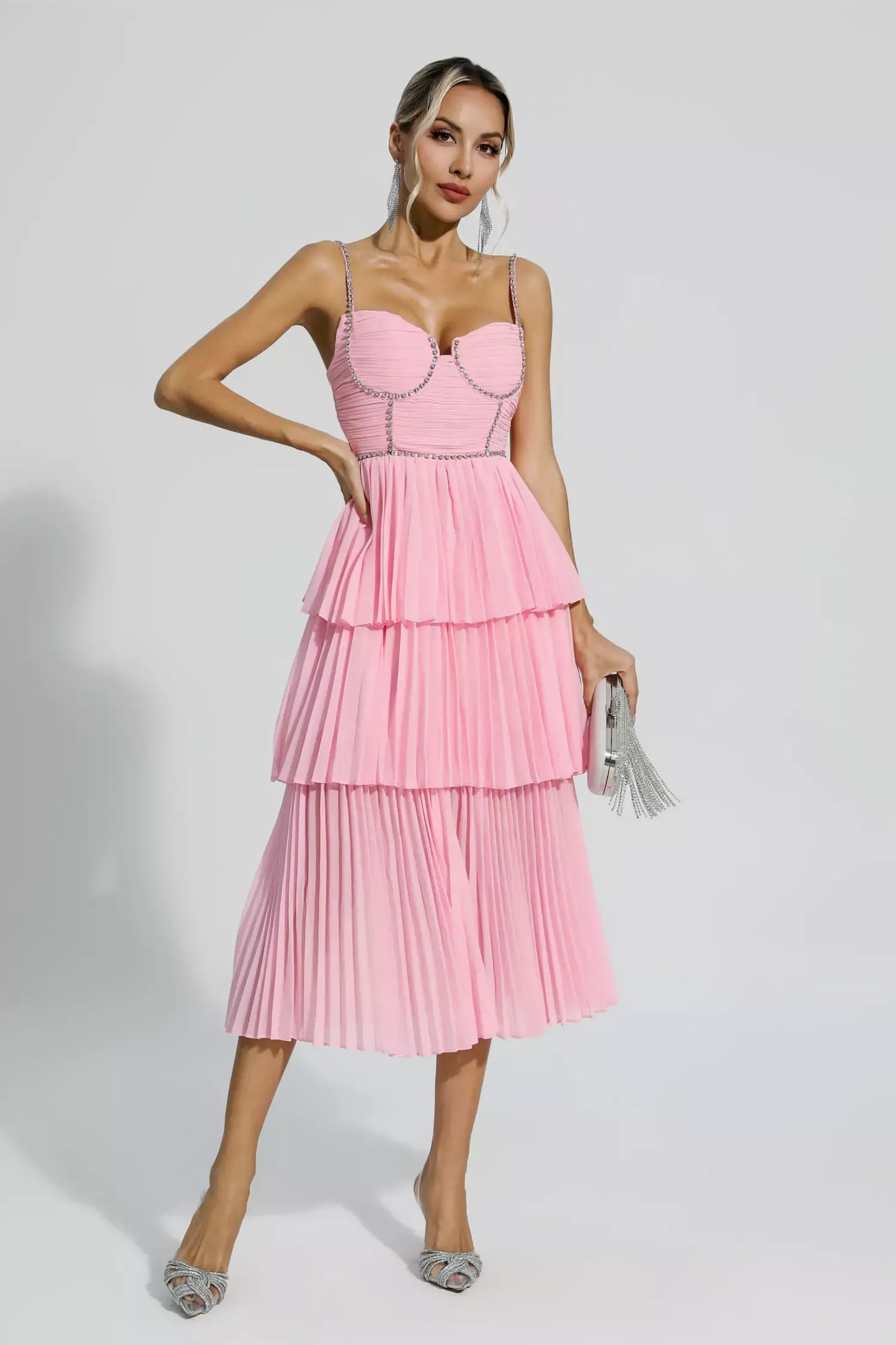 Meredith Pink Diamond Ruched Midi Dress