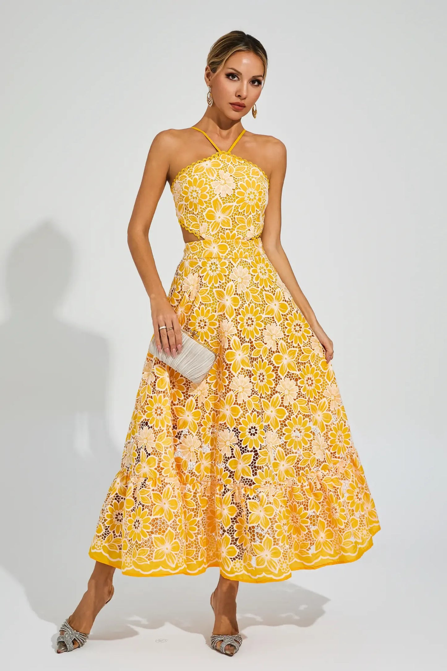 Michaelia Yellow Cut Out Halter Maxi Dress