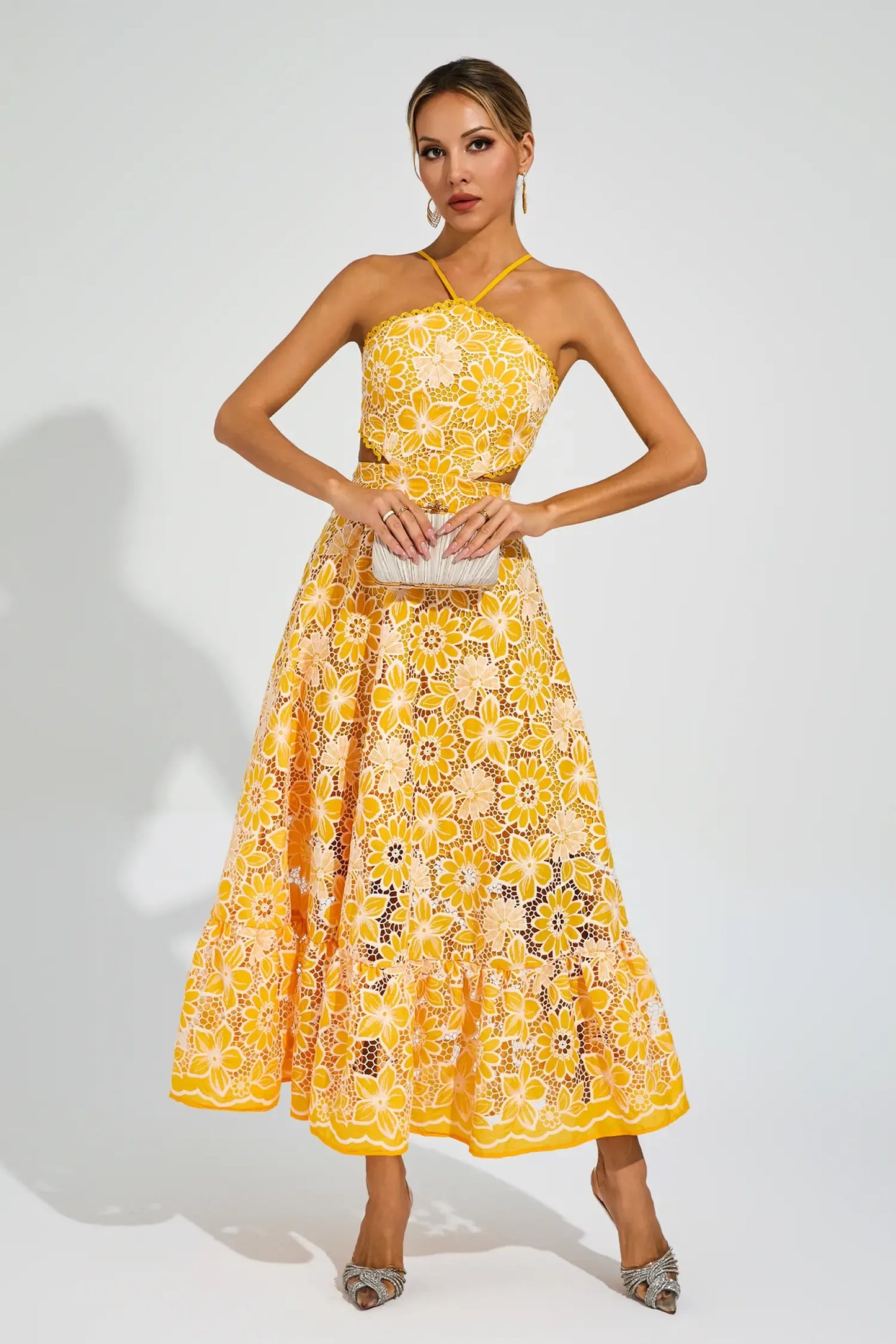 Michaelia Yellow Cut Out Halter Maxi Dress