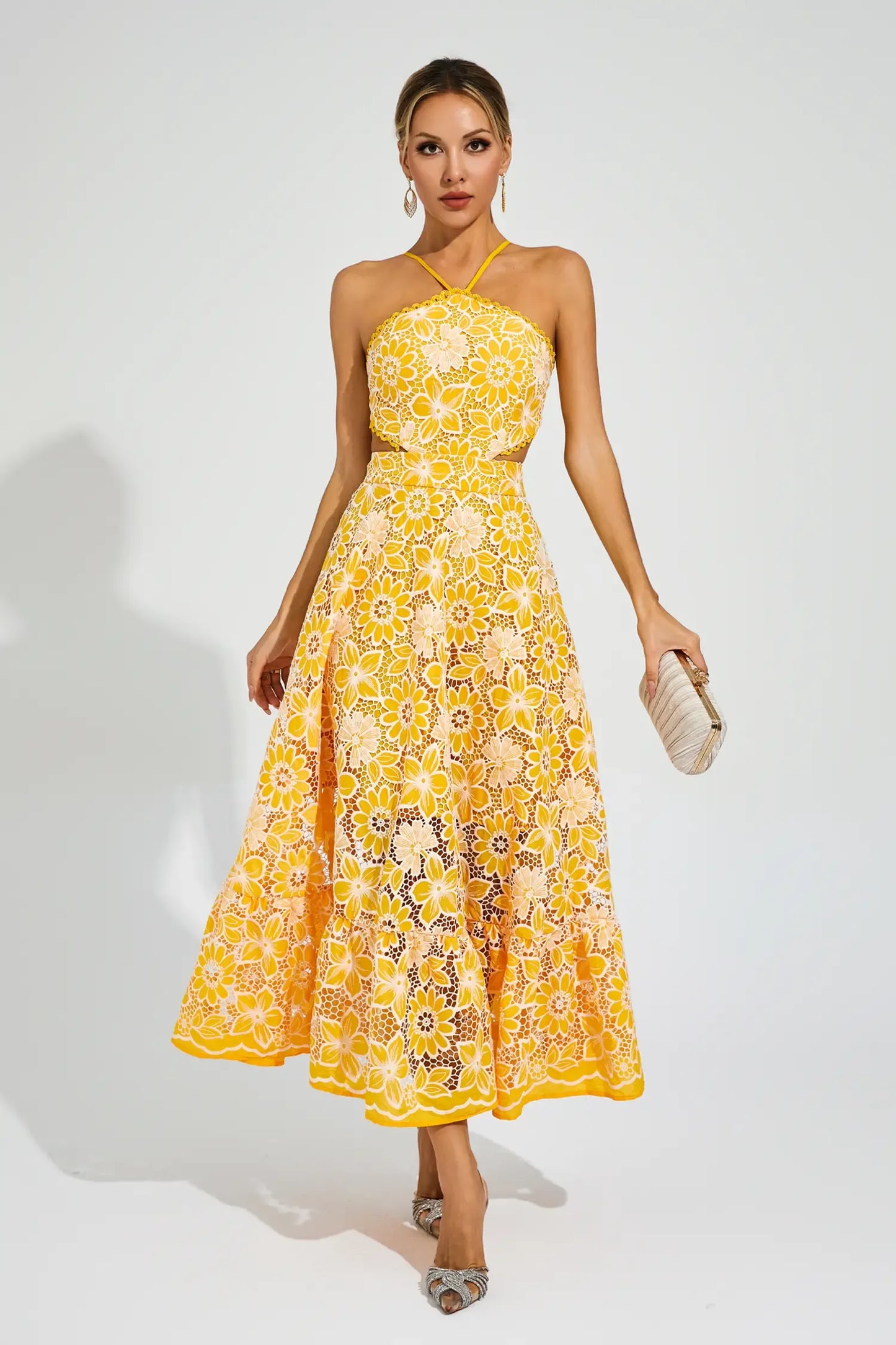 Michaelia Yellow Cut Out Halter Maxi Dress