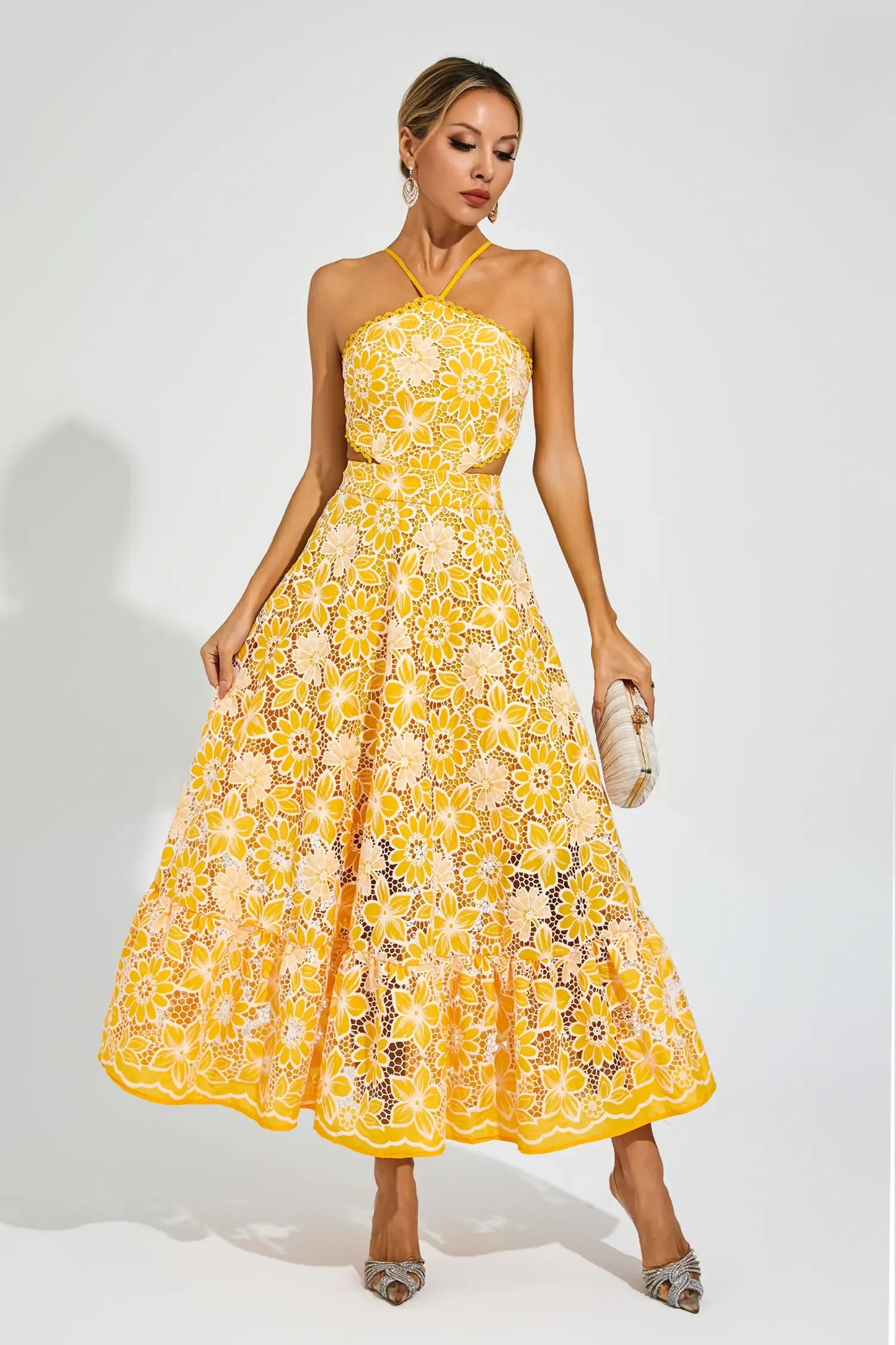 Michaelia Yellow Cut Out Halter Maxi Dress