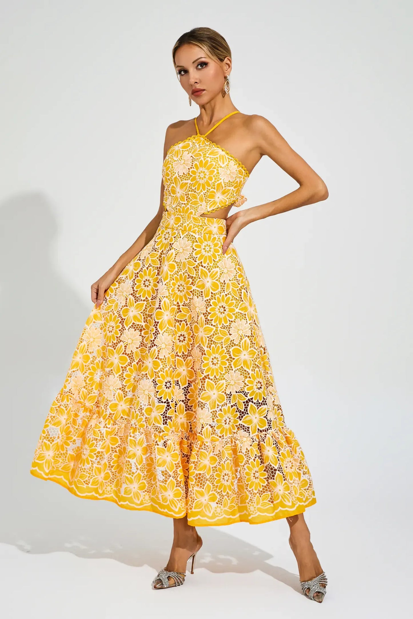 Michaelia Yellow Cut Out Halter Maxi Dress