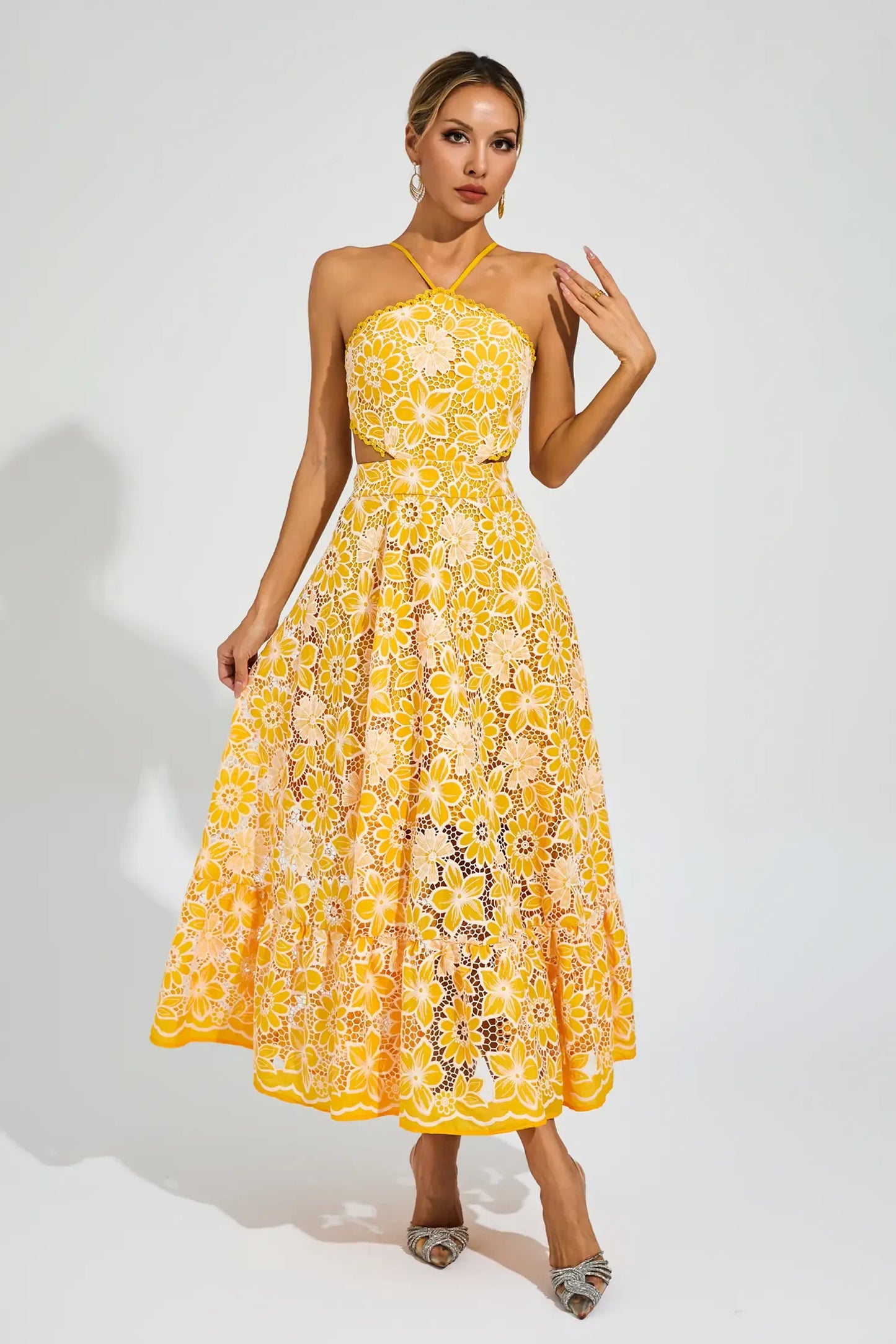 Michaelia Yellow Cut Out Halter Maxi Dress