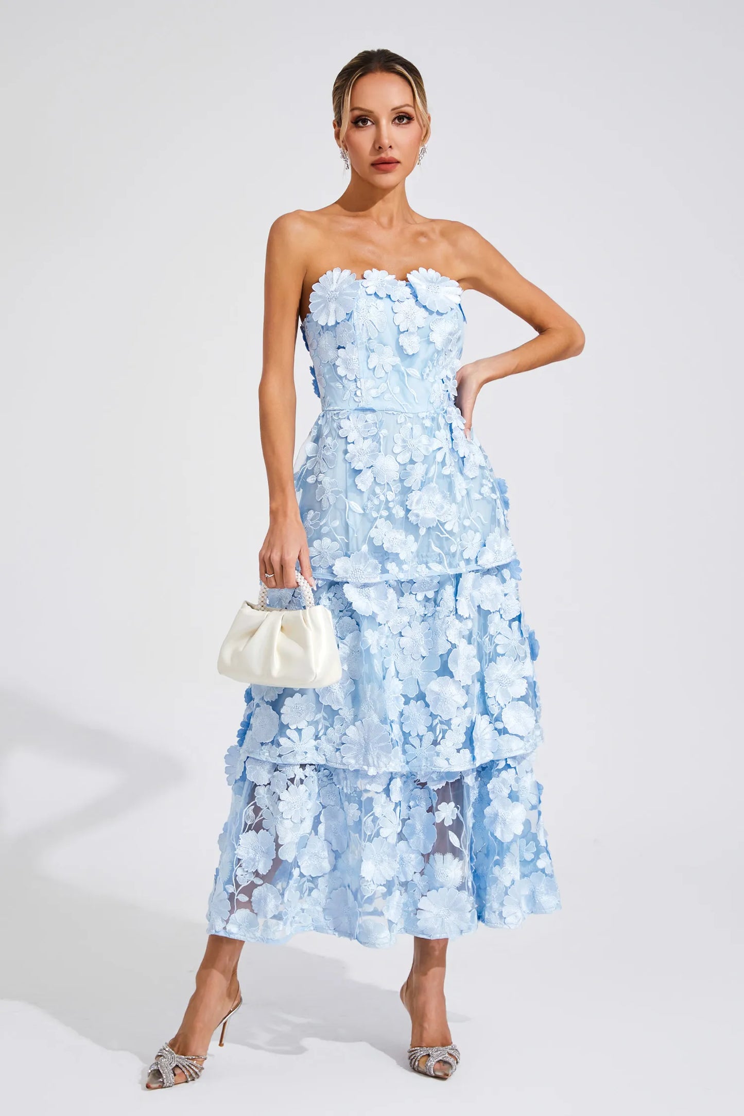 Estella Blue Flower Off Shoulder Maxi Dress