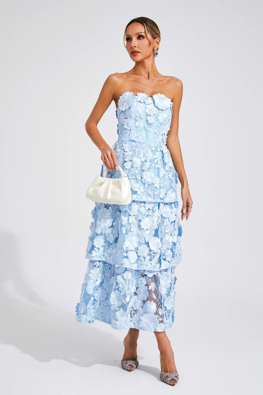 Estella Blue Flower Off Shoulder Maxi Dress