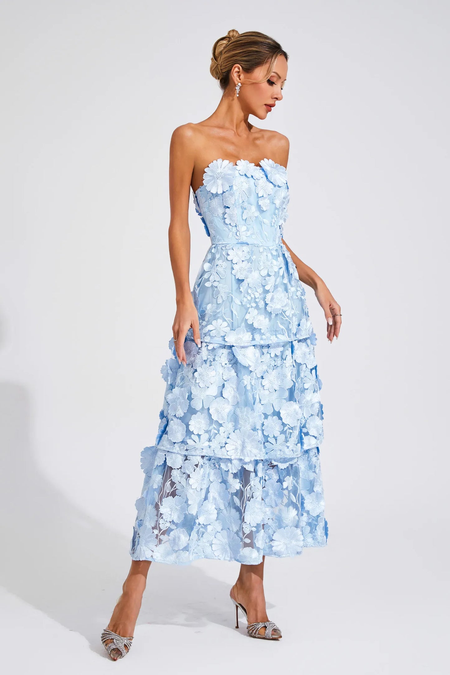 Estella Blue Flower Off Shoulder Maxi Dress