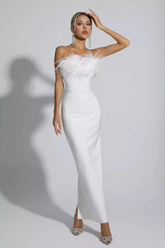 Naomi White Feather Tassel Maxi Dress