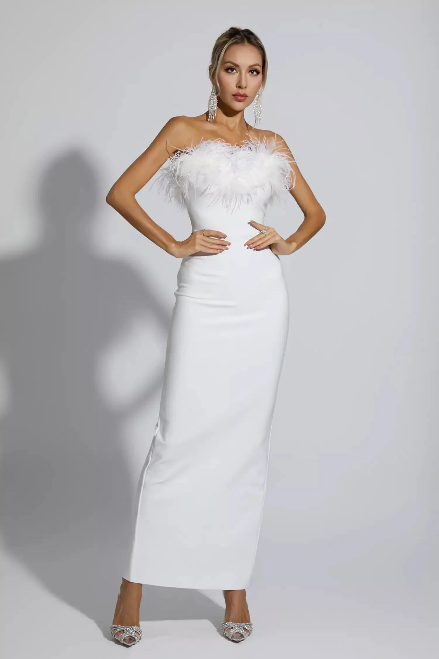 Naomi White Feather Tassel Maxi Dress