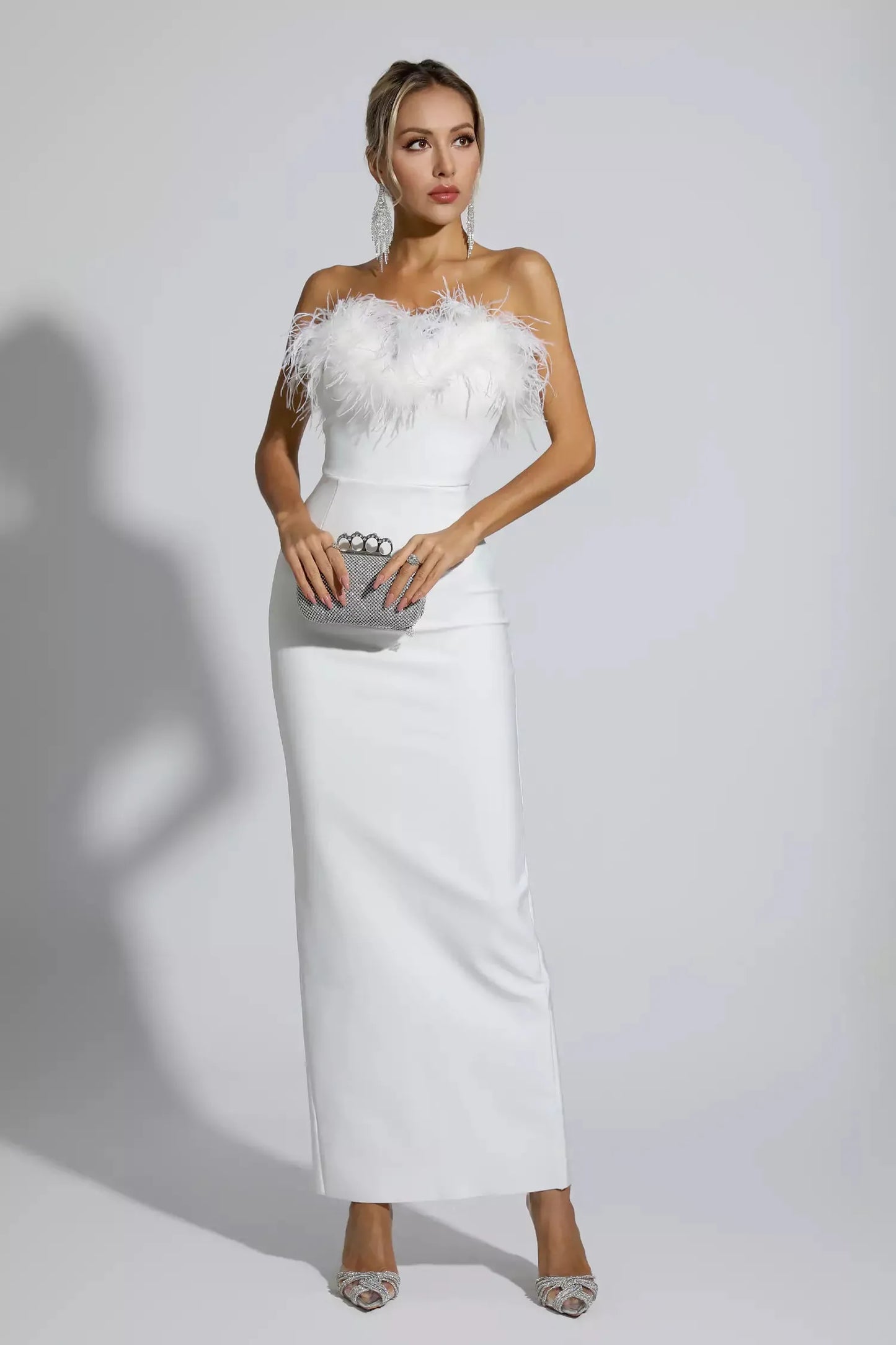 Naomi White Feather Tassel Maxi Dress