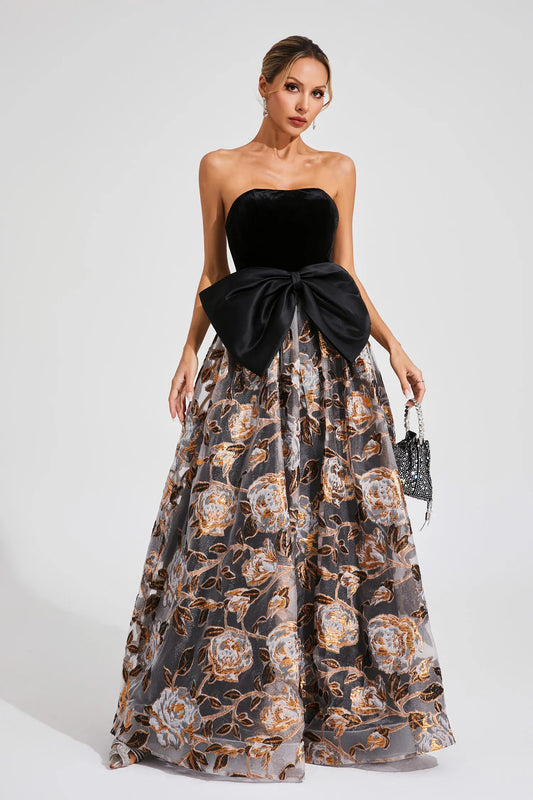 Clementine Black Bow Off Shoulder Maxi Dress