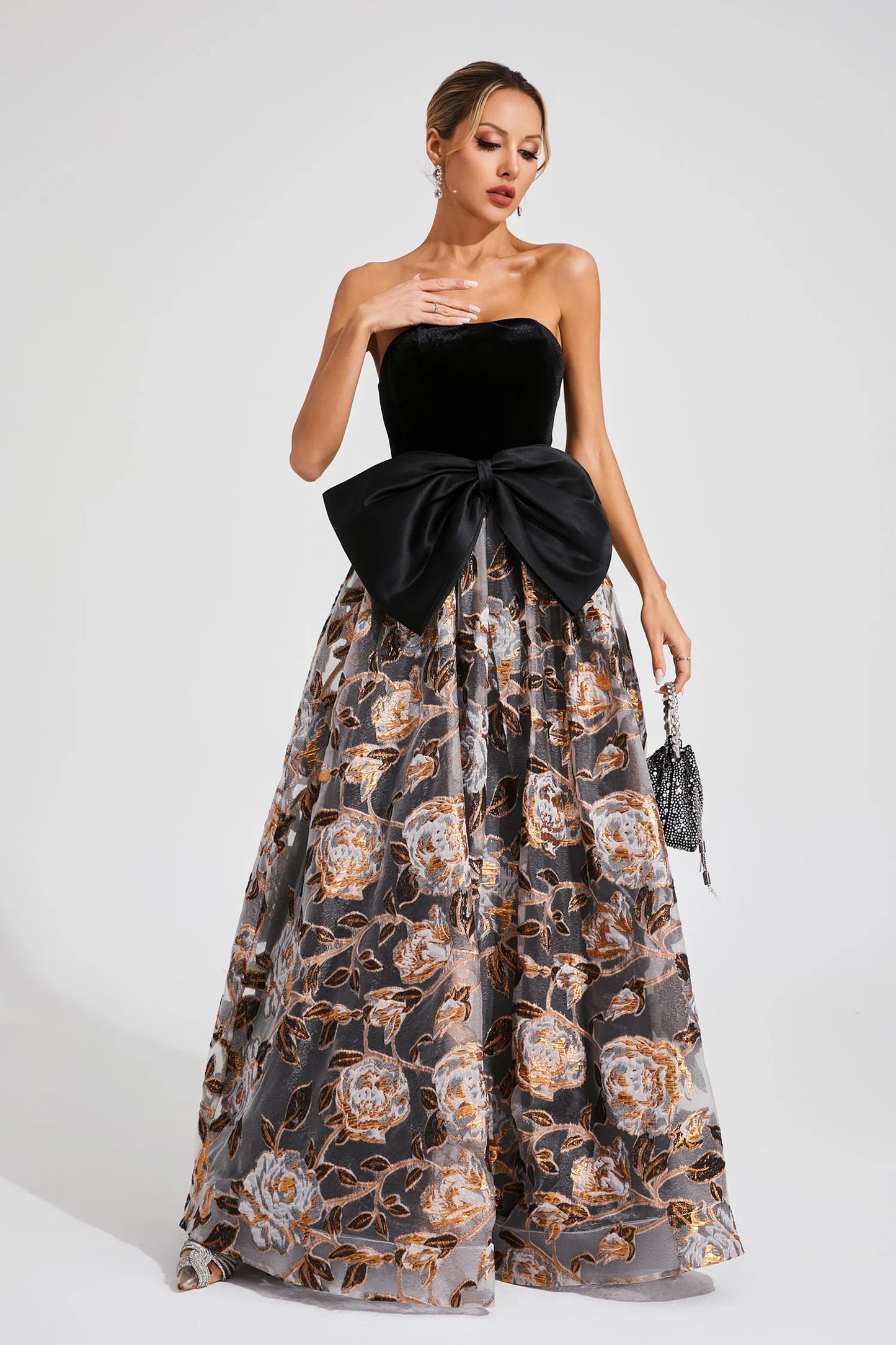 Clementine Black Bow Off Shoulder Maxi Dress