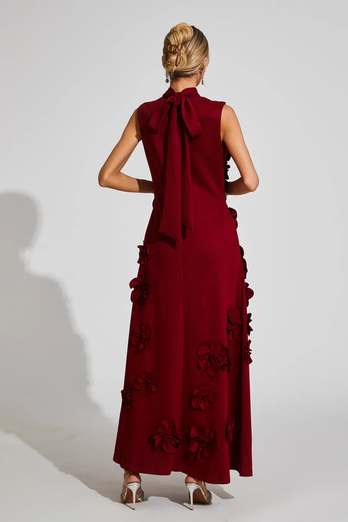 Liora Wine Red Rose Flower Maxi Dress