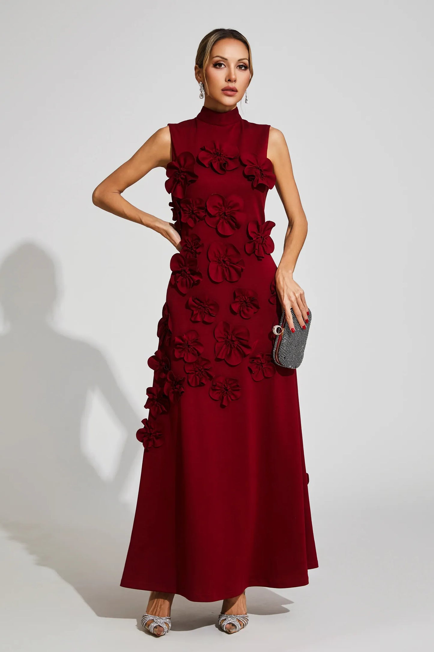 Liora Wine Red Rose Flower Maxi Dress