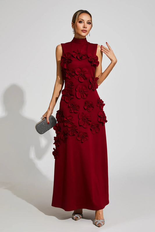 Liora Wine Red Rose Flower Maxi Dress