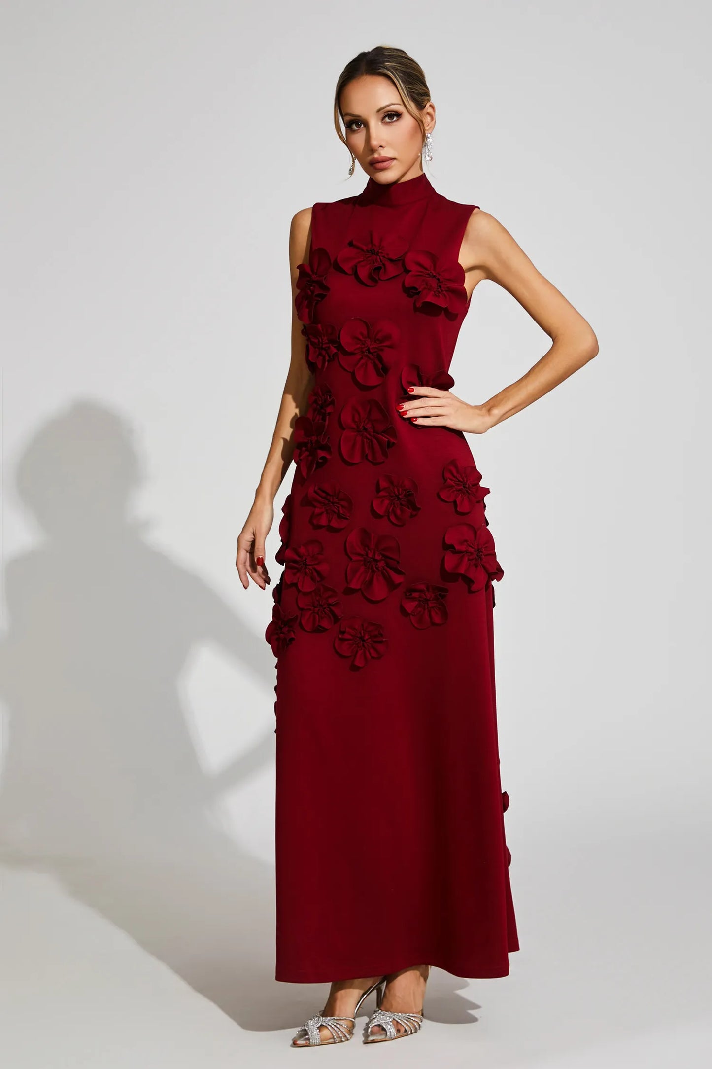 Liora Wine Red Rose Flower Maxi Dress