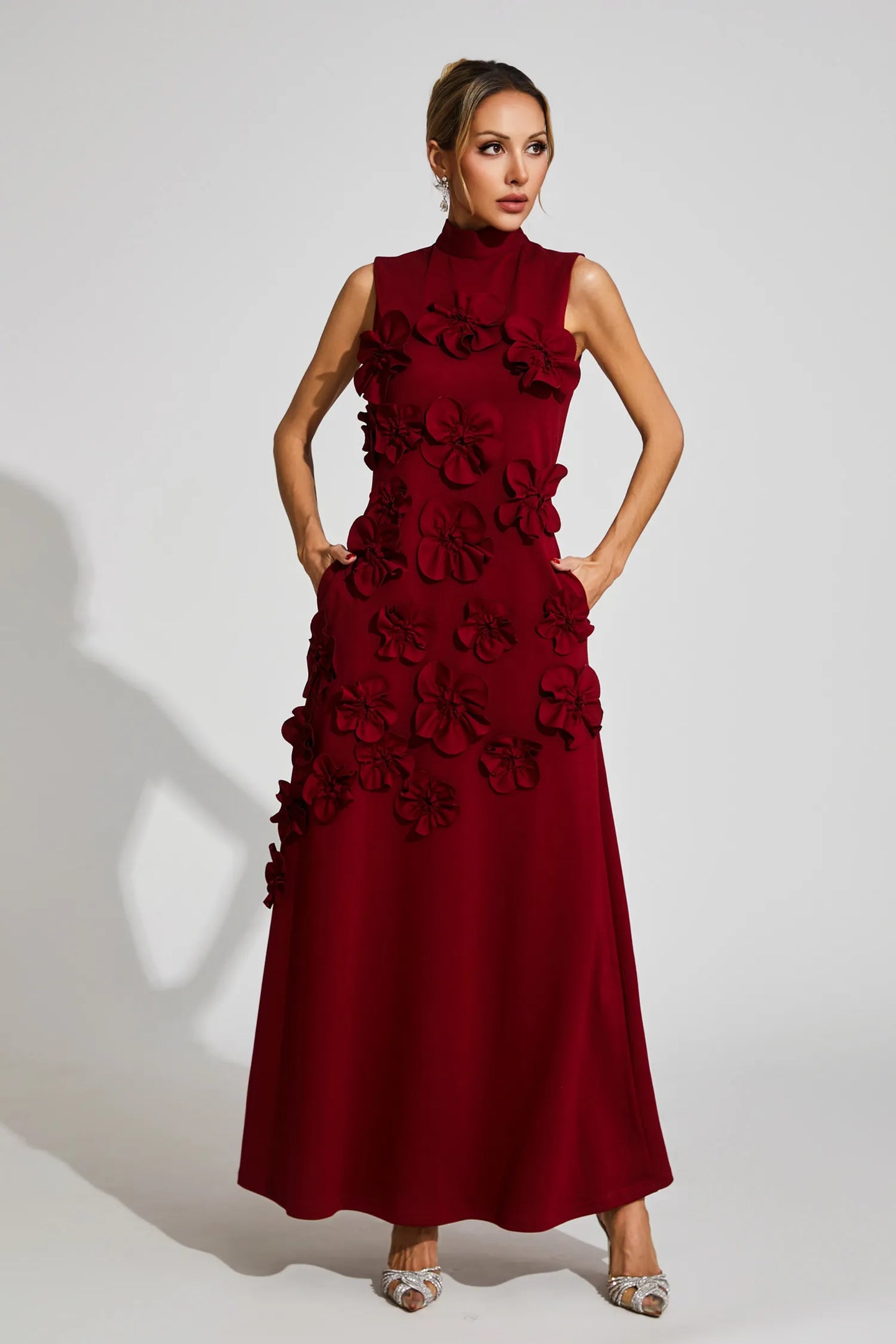 Liora Wine Red Rose Flower Maxi Dress